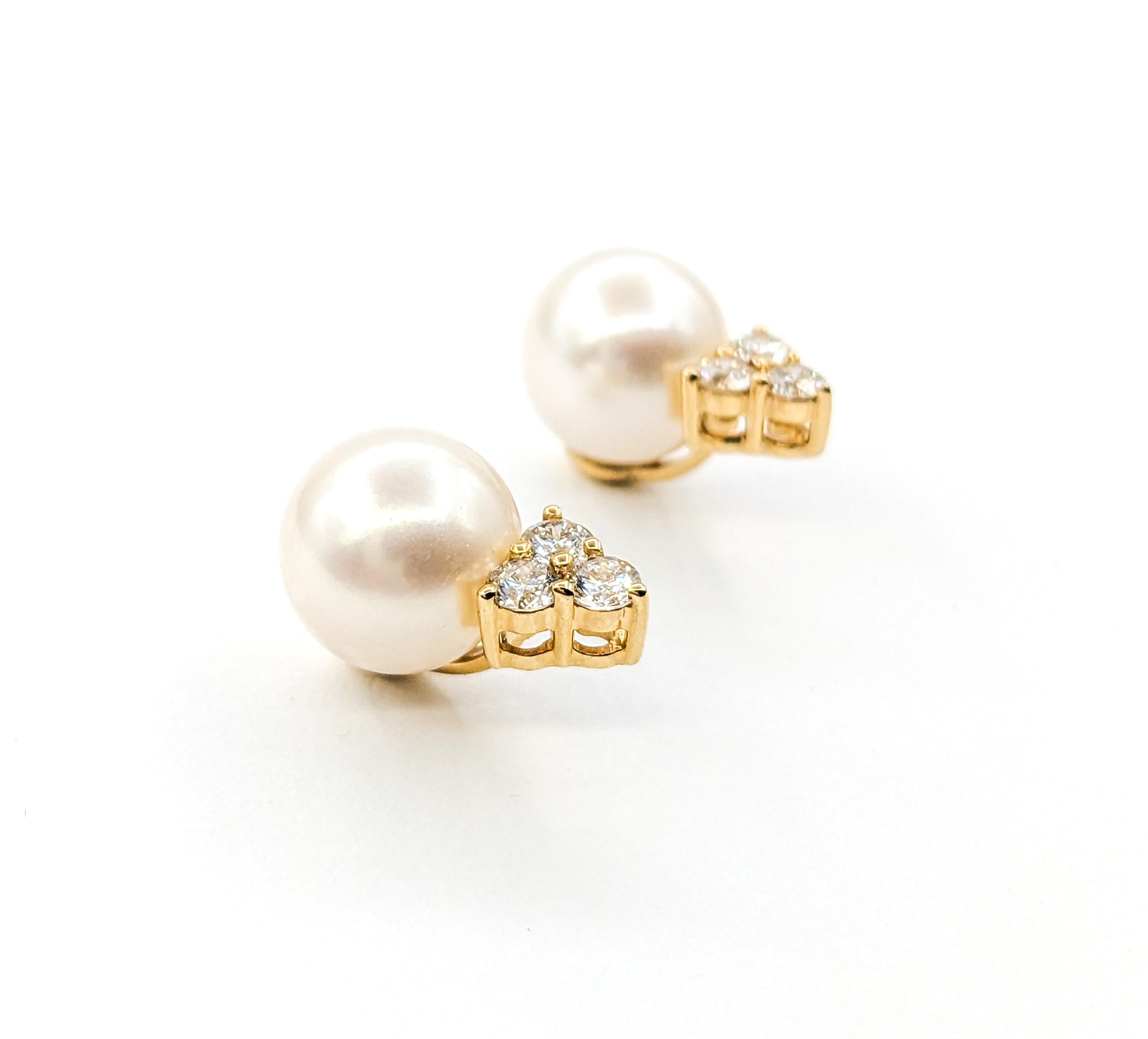 Contemporary Pearl & Diamond Stud Earrings In Yellow Gold