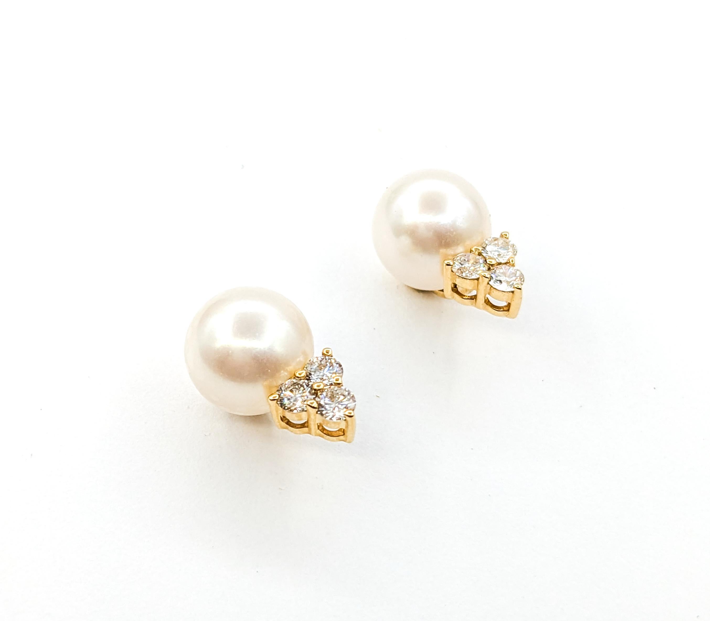 Round Cut Pearl & Diamond Stud Earrings In Yellow Gold