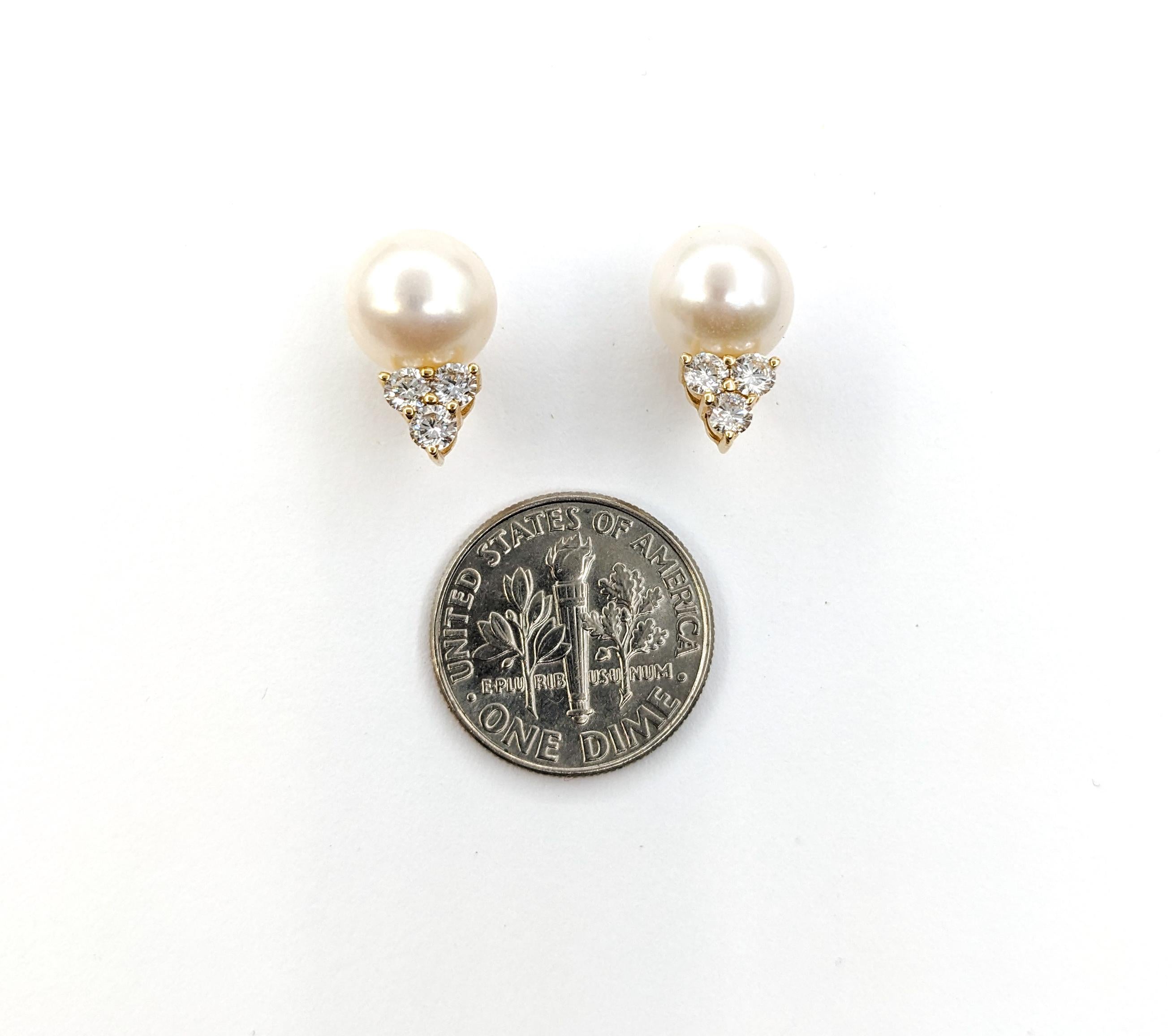 Pearl & Diamond Stud Earrings In Yellow Gold In Excellent Condition In Bloomington, MN