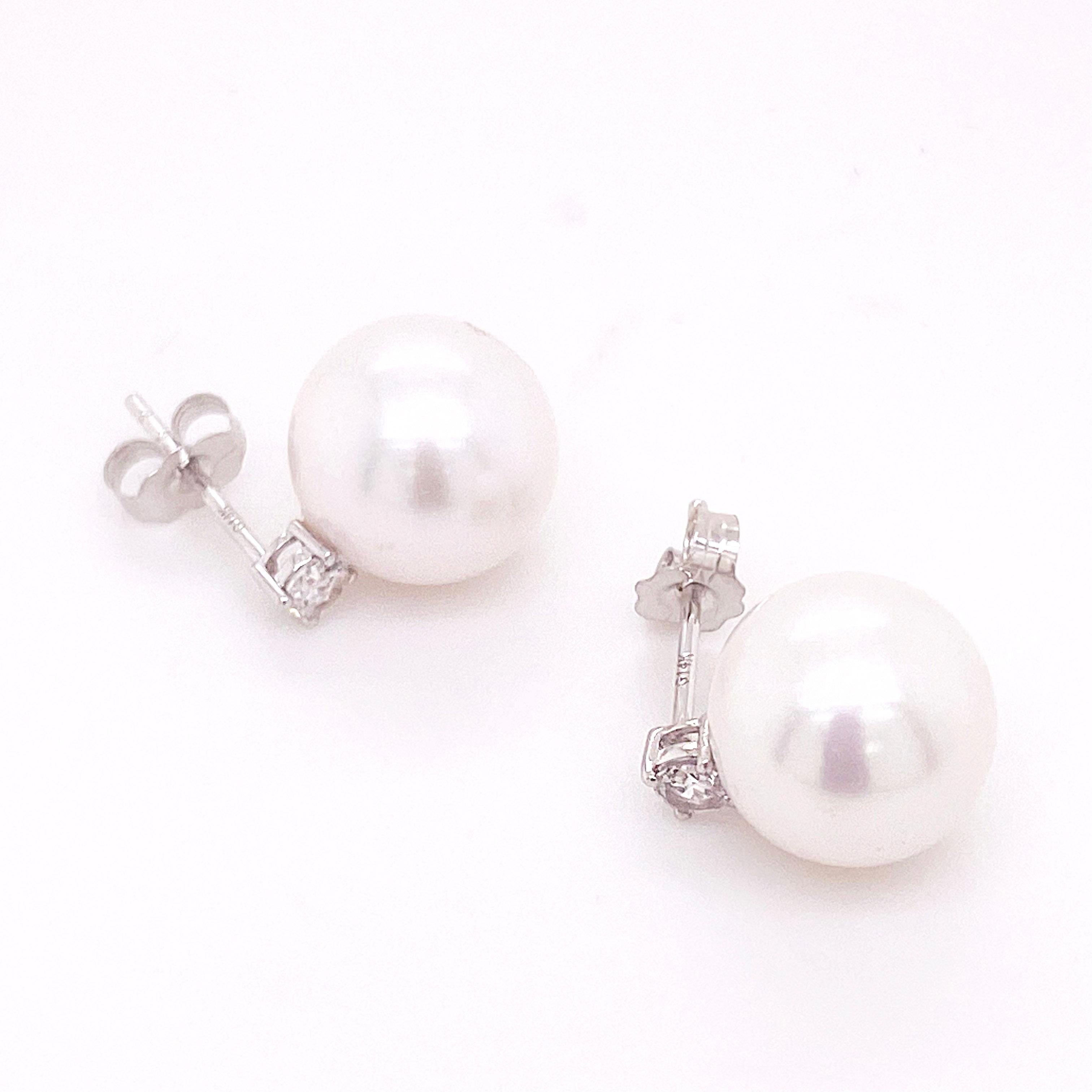 Contemporary Pearl Diamond Stud Earrings, White Gold, Round Diamond Above Akoya Pearl For Sale