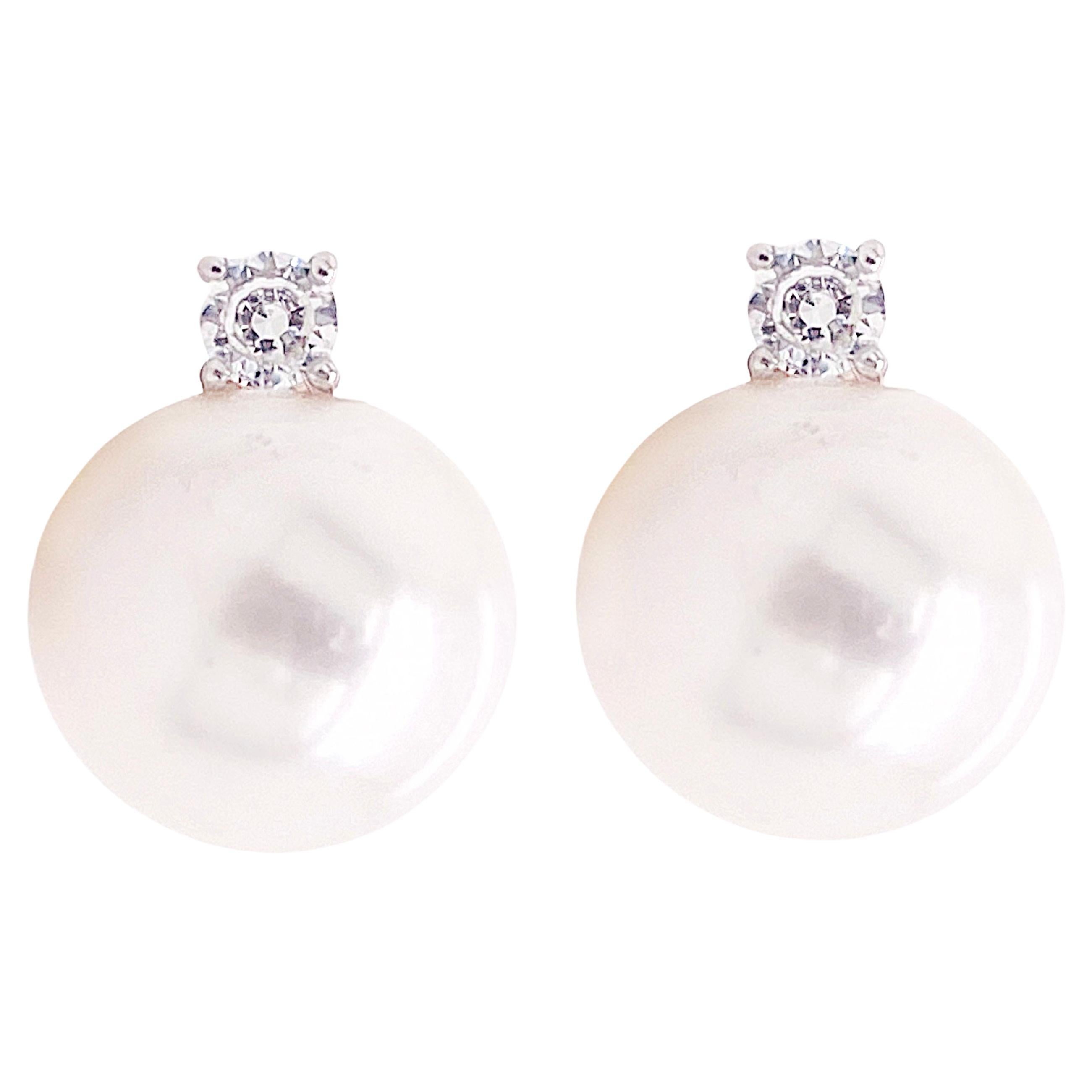 Pearl Diamond Stud Earrings, White Gold, Round Diamond Above Akoya Pearl For Sale