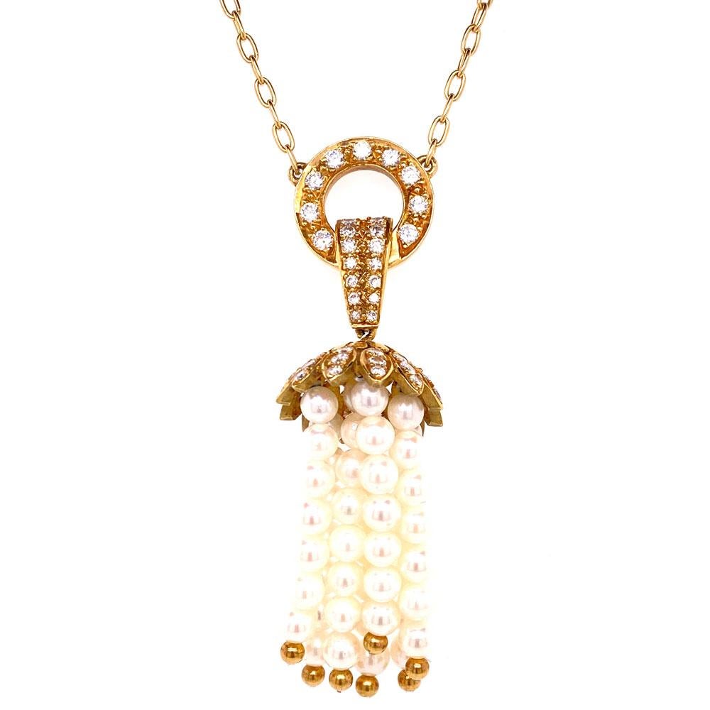 Modern Pearl Diamond Tassel Drop Pendant Necklace 18 Karat Yellow Gold