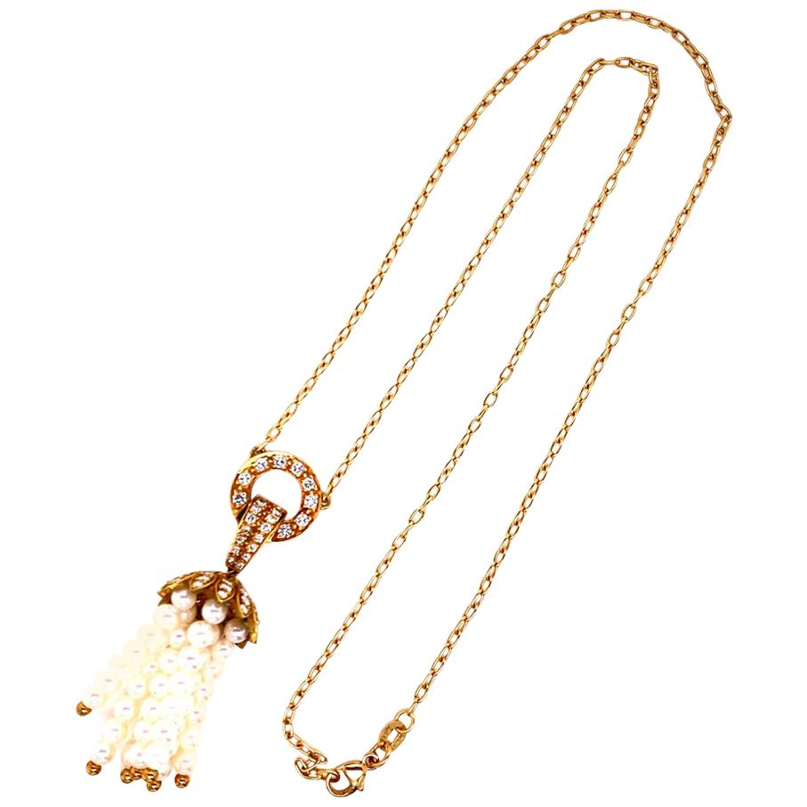 Pearl Diamond Tassel Drop Pendant Necklace 18 Karat Yellow Gold
