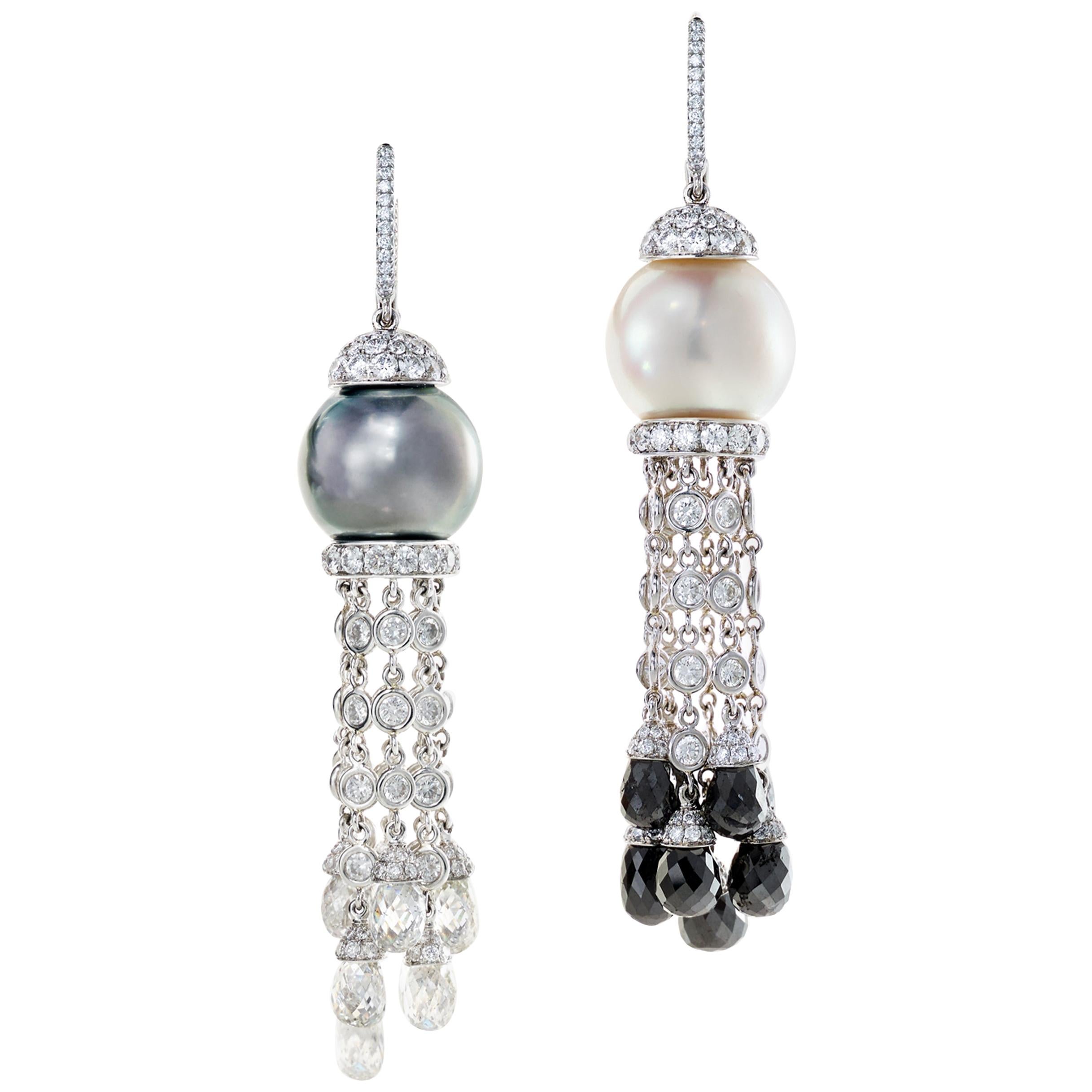 Pearl and Diamond Tassel Earrings For Sale