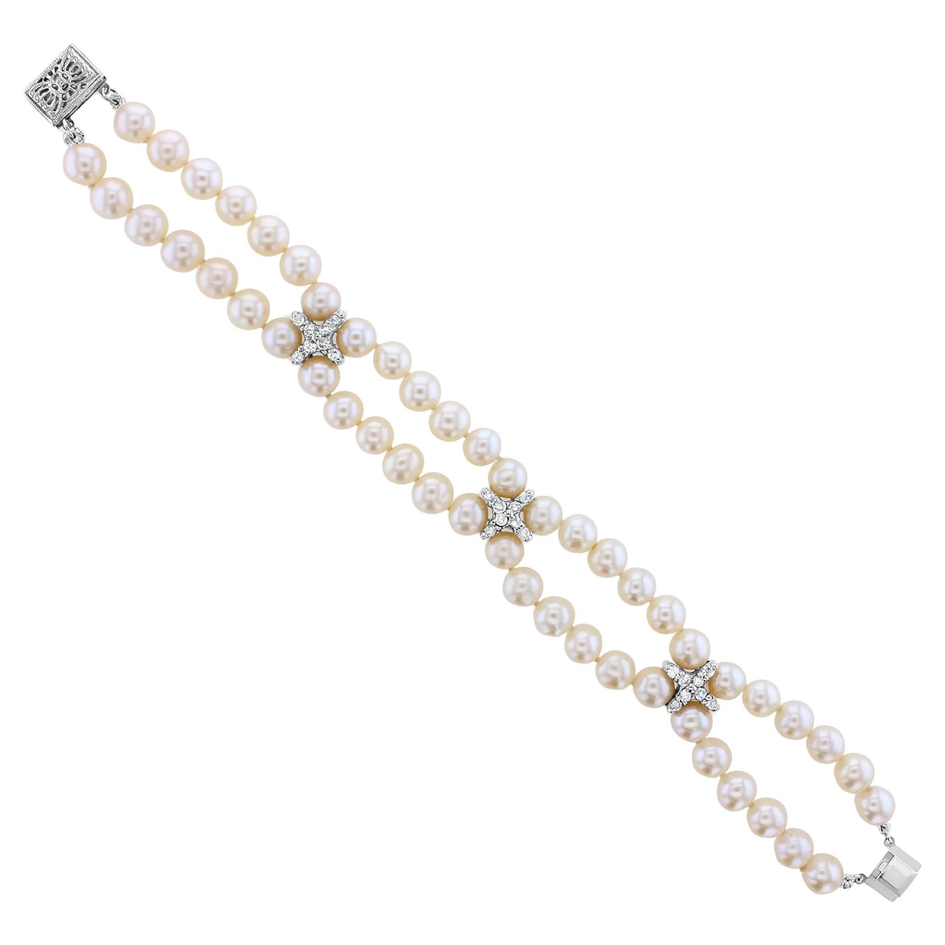 Pearl & Diamond Tennis Bracelet .72cttw 14k White Gold For Sale