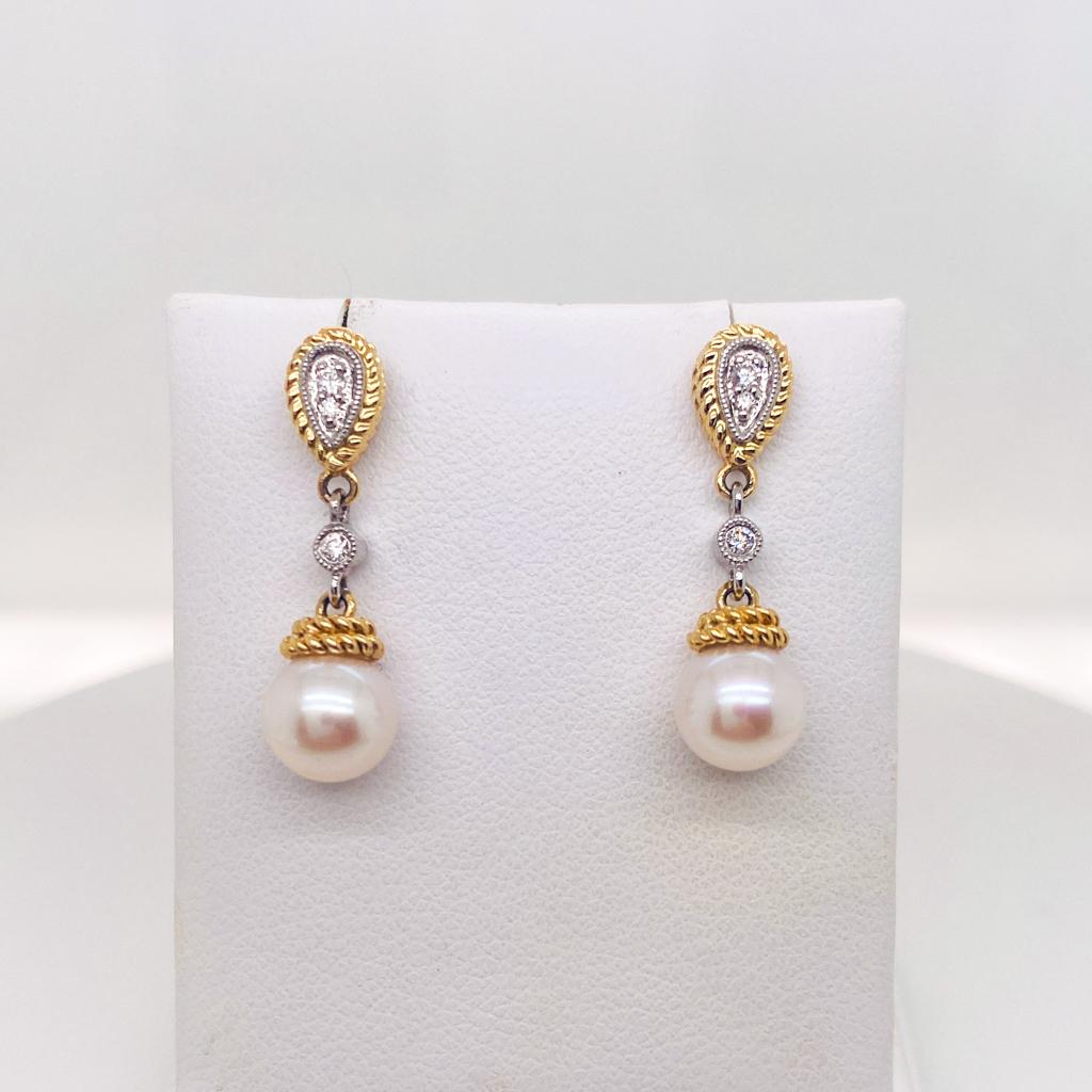 Pendientes Gota Perla Diamante Dos Tonos Boda Formal Oro 14K Cuerda y Milgrain Contemporáneo en venta