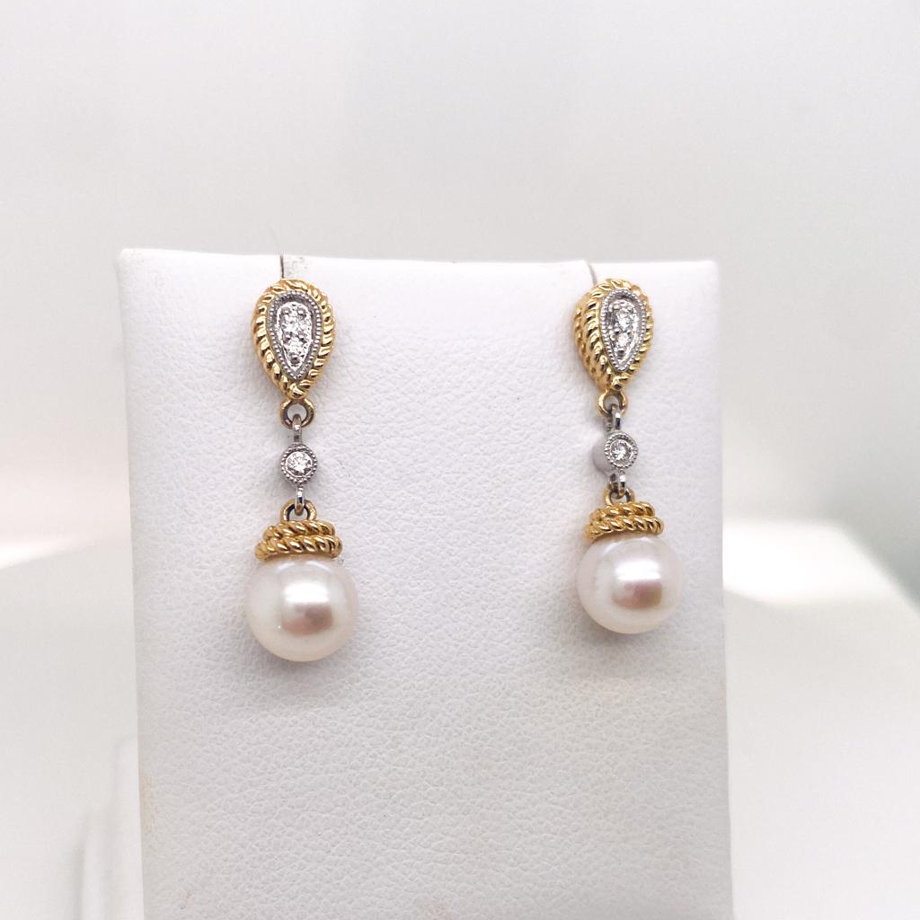 Pendientes Gota Perla Diamante Dos Tonos Boda Formal Oro 14K Cuerda y Milgrain Corte redondo en venta