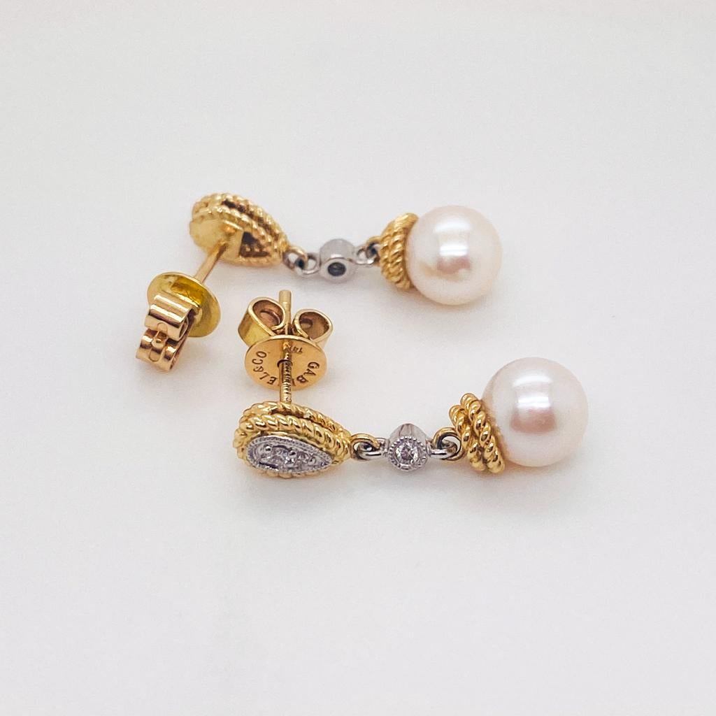 Pendientes Gota Perla Diamante Dos Tonos Boda Formal Oro 14K Cuerda y Milgrain en Nuevo estado para la venta en Austin, TX