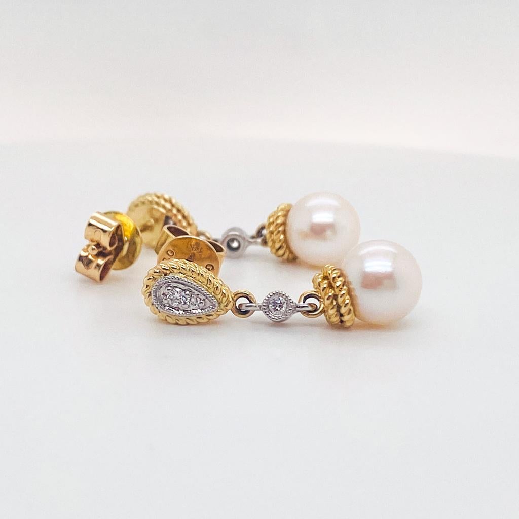 De las mujeres Pendientes Gota Perla Diamante Dos Tonos Boda Formal Oro 14K Cuerda y Milgrain en venta