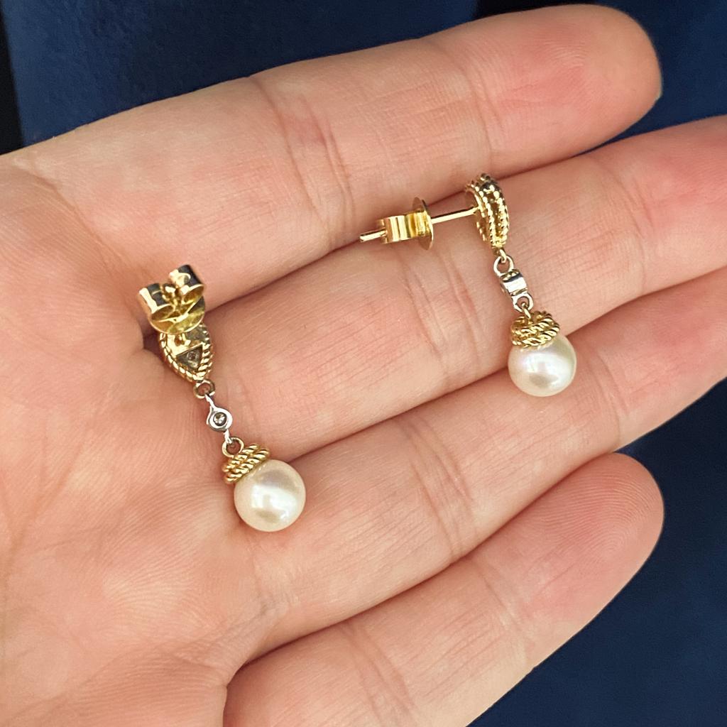 Pendientes Gota Perla Diamante Dos Tonos Boda Formal Oro 14K Cuerda y Milgrain en venta 1