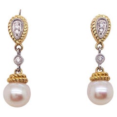 Pendientes Gota Perla Diamante Dos Tonos Boda Formal Oro 14K Cuerda y Milgrain