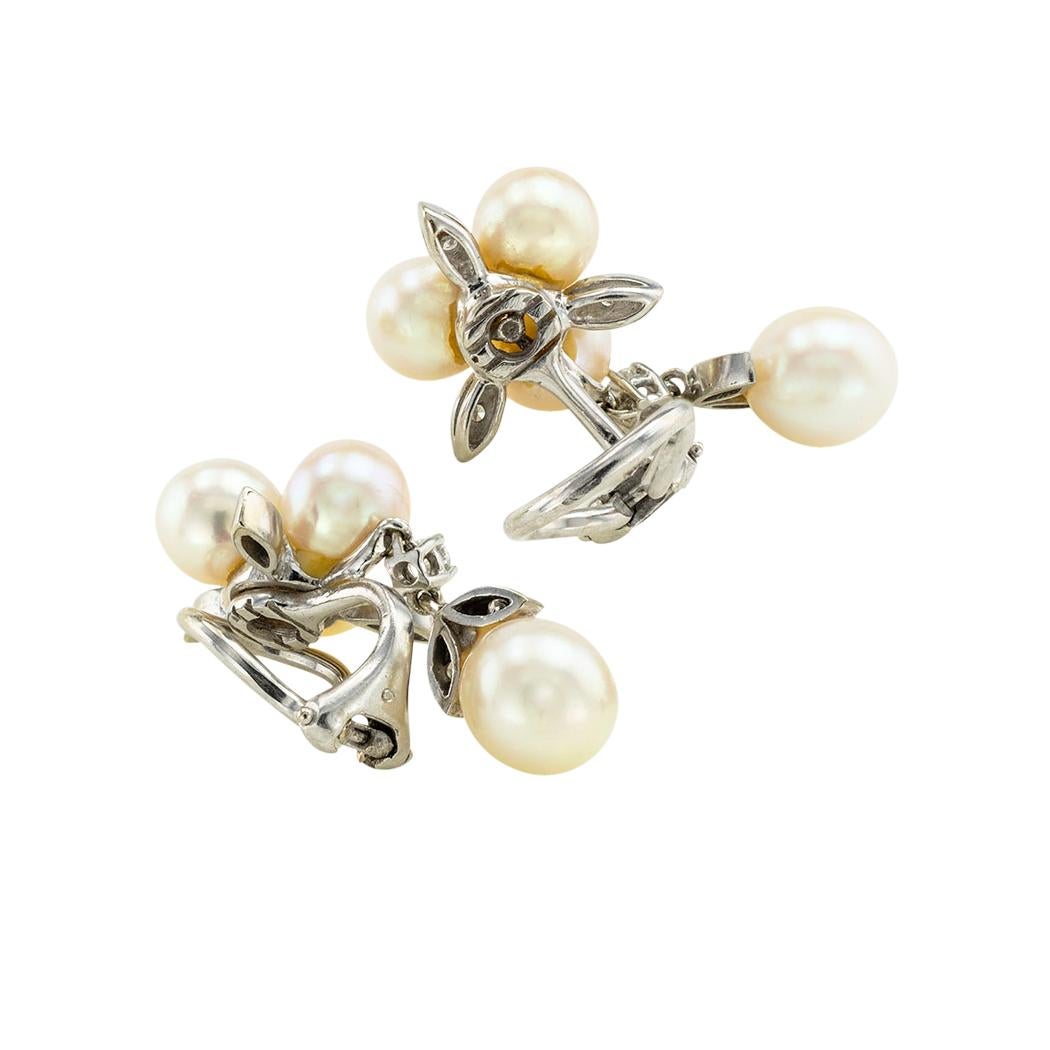 Modern Pearl Diamond White Gold Clip on Dangle Earrings