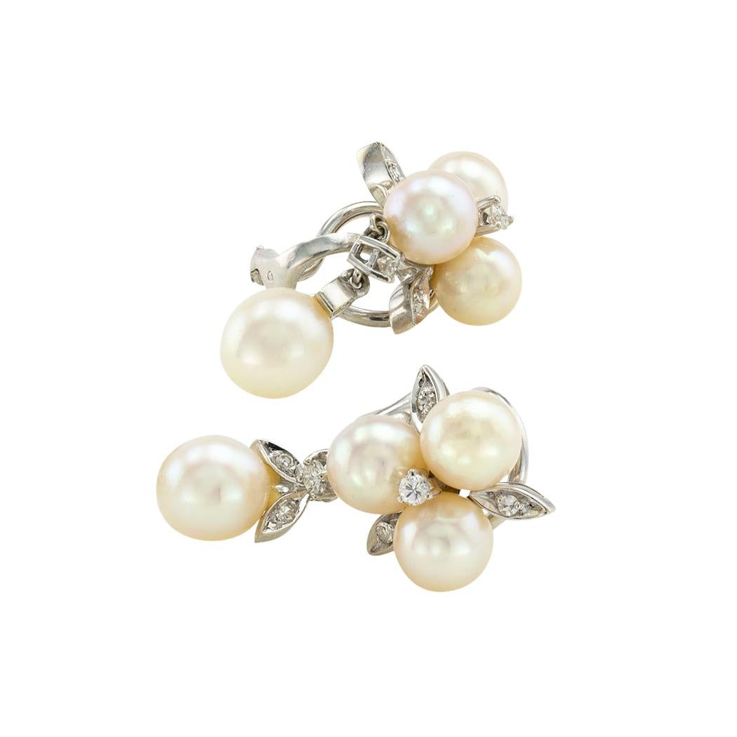 Round Cut Pearl Diamond White Gold Clip on Dangle Earrings