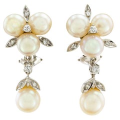 Pearl Diamond White Gold Clip on Dangle Earrings