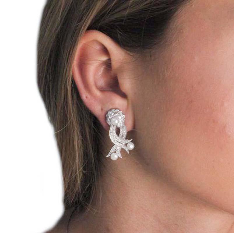 Round Cut Pearl Diamond White Gold Earrings