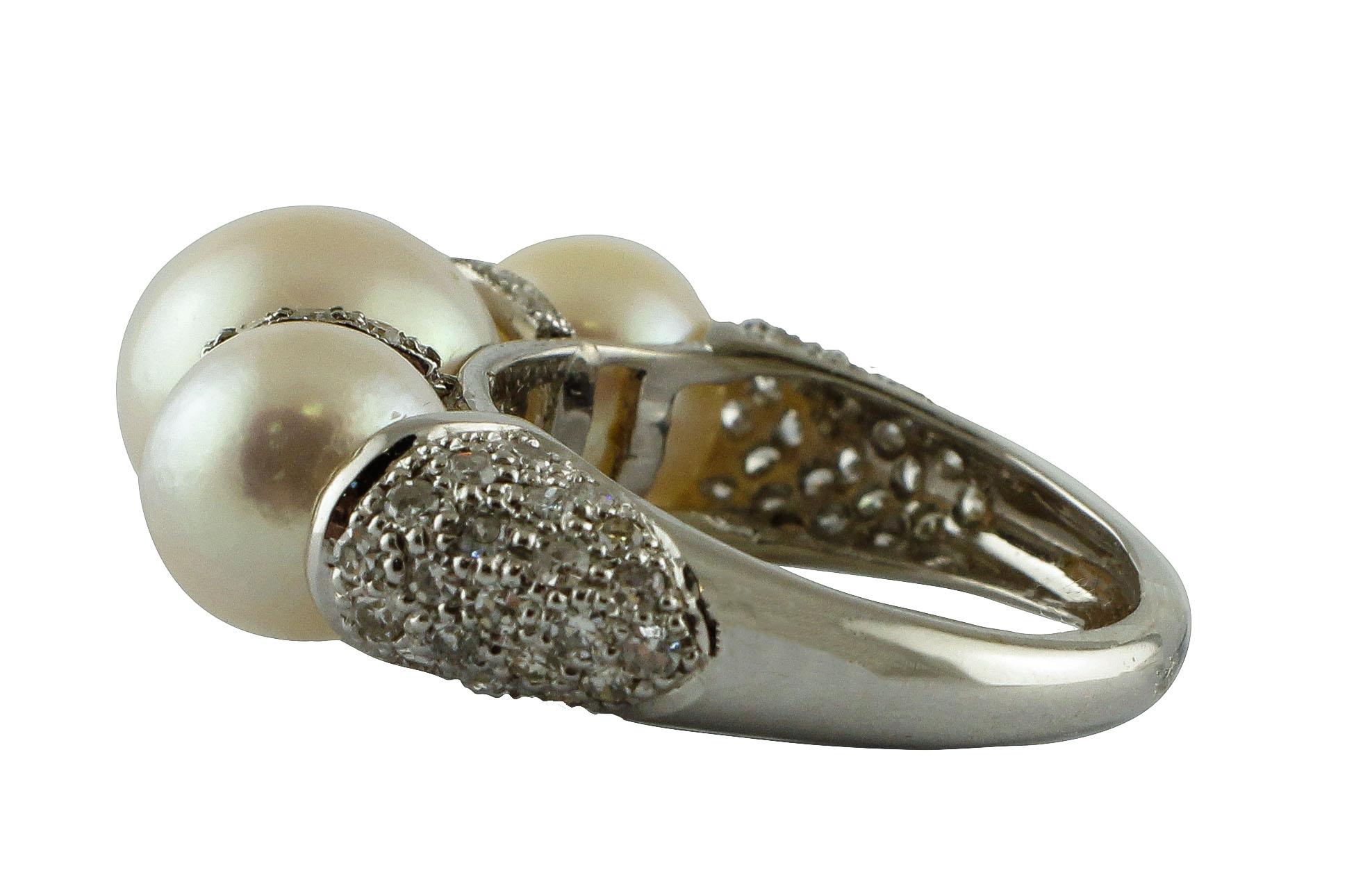 Retro Pearls, Diamonds, 14 Karat White Gold Ring. For Sale