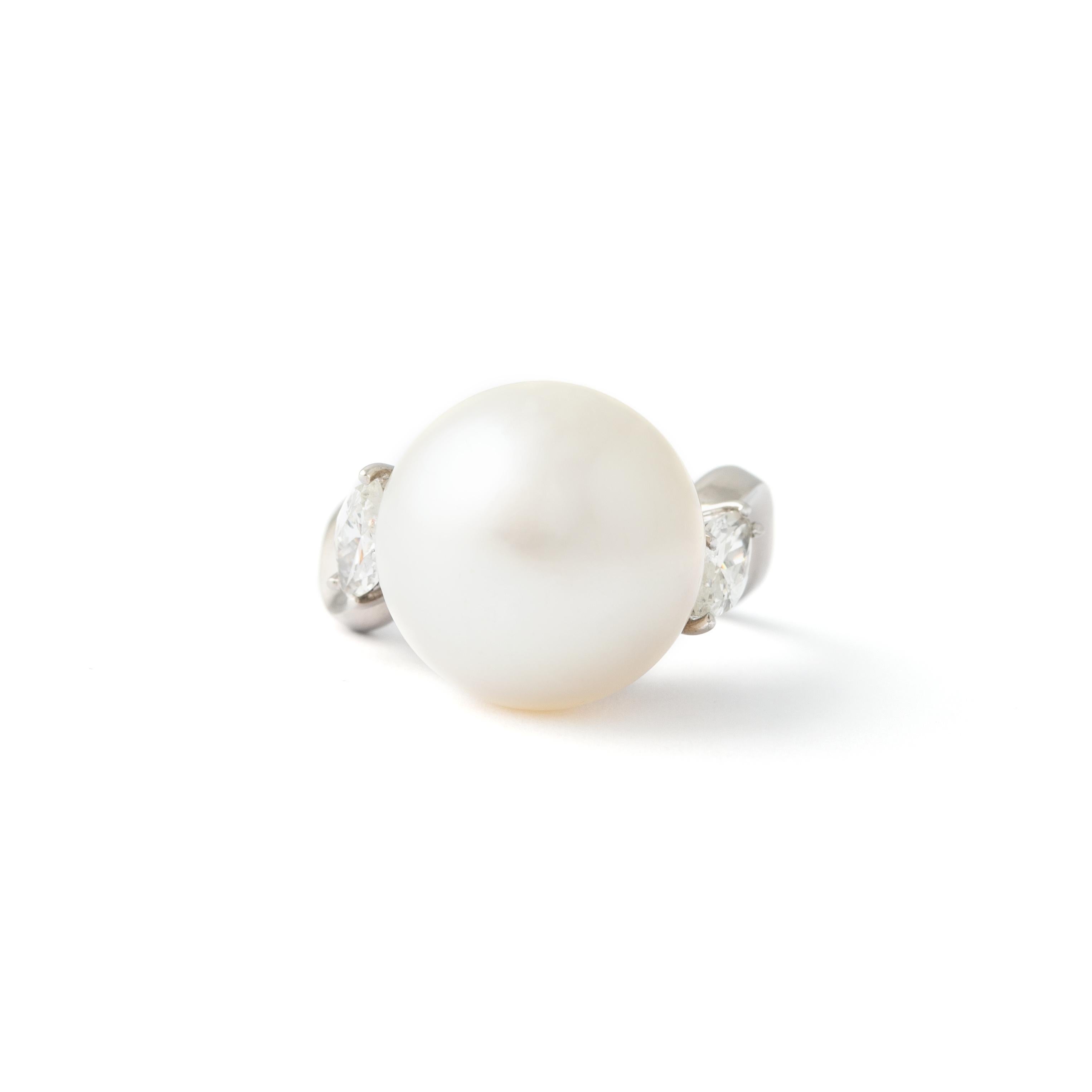 Marquise Cut Pearl Diamond White Gold Ring  For Sale