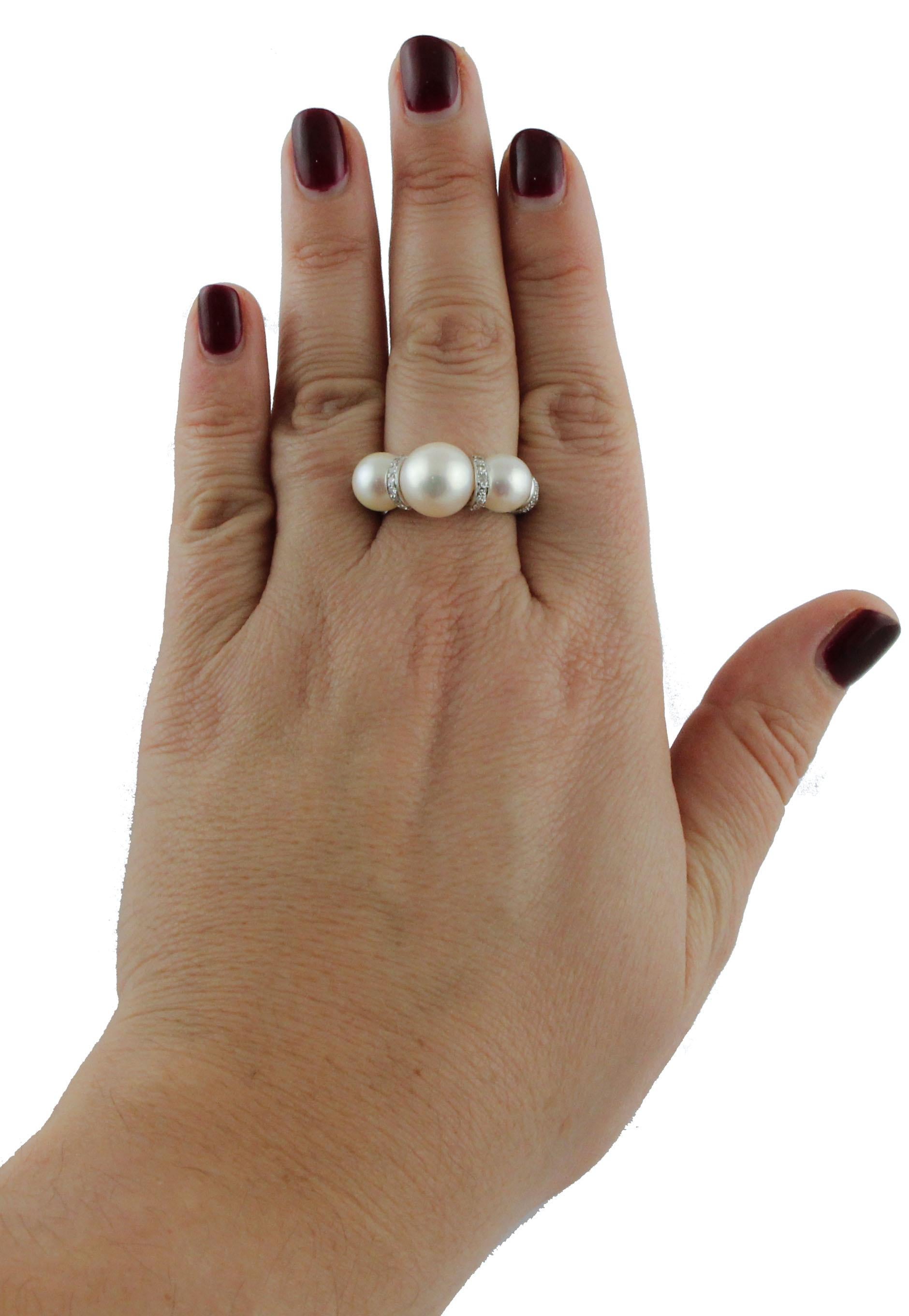 Women's Pearls, Diamonds, 14 Karat White Gold Ring. For Sale