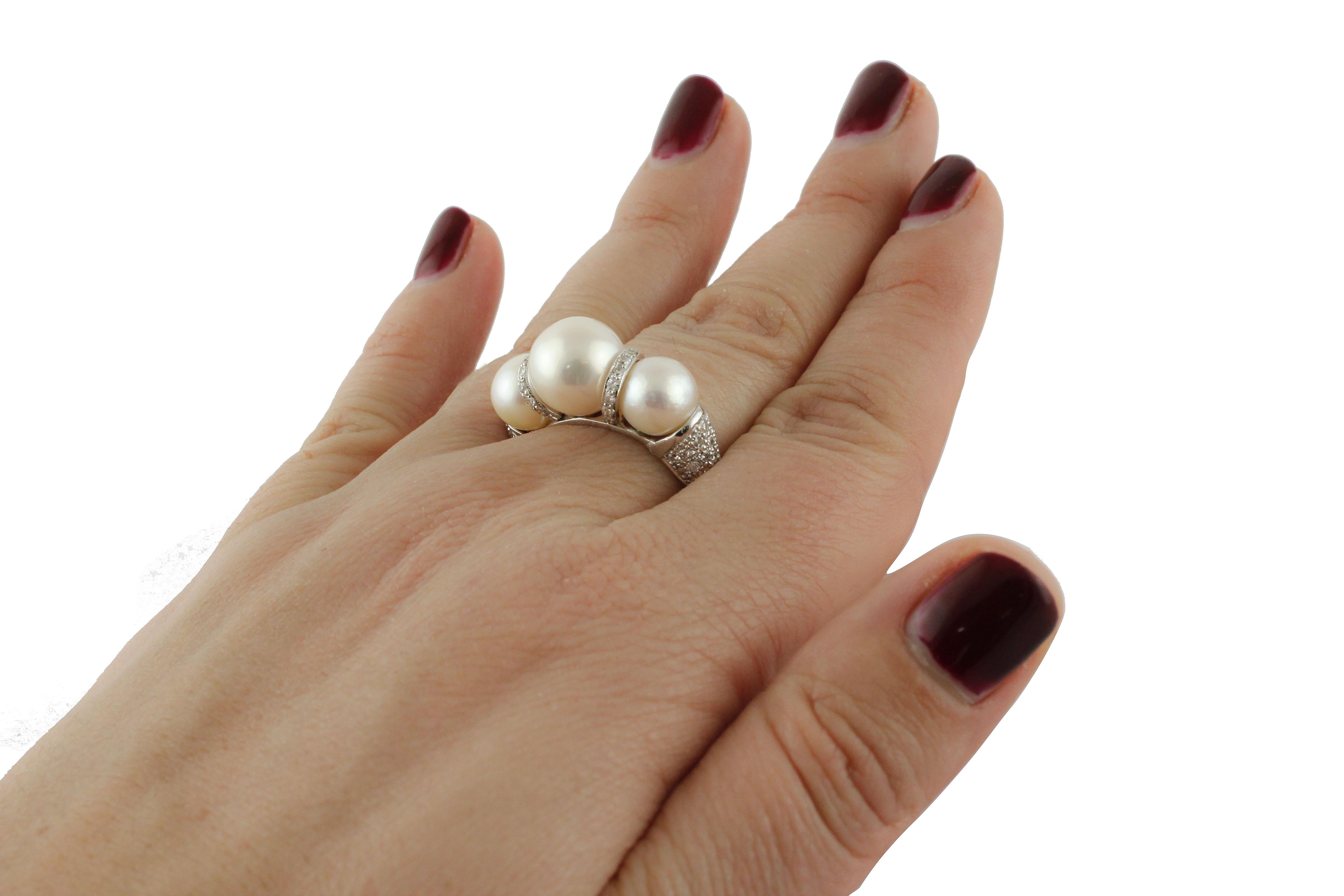 Pearls, Diamonds, 14 Karat White Gold Ring. For Sale 1