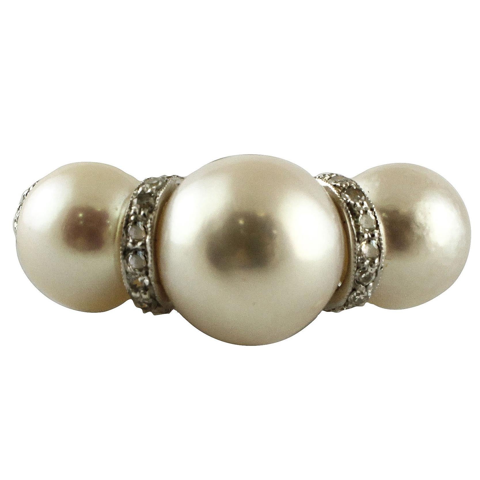 Pearls, Diamonds, 14 Karat White Gold Ring. For Sale