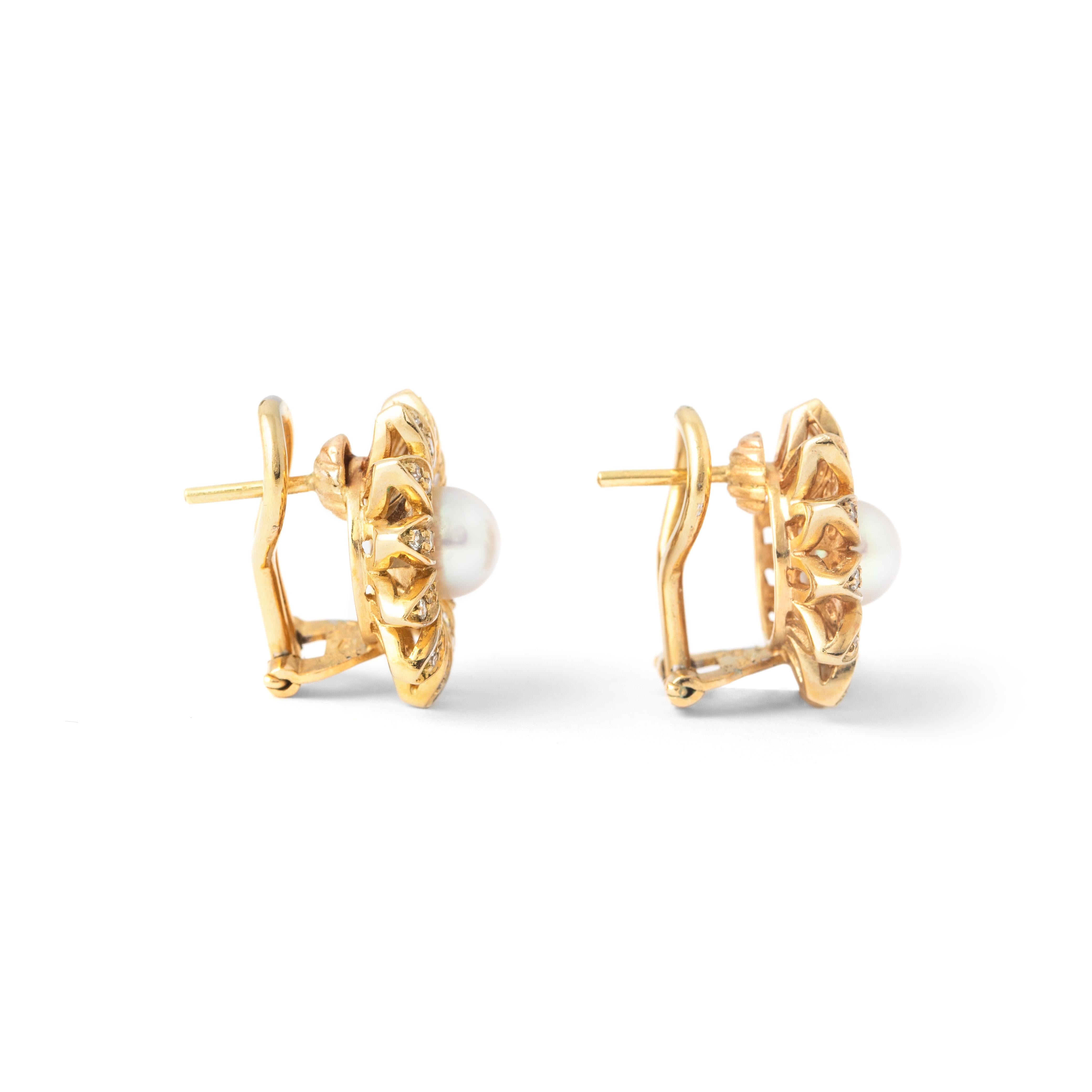 Aesthetic Movement Pearl Diamond Yellow Gold 18K Earrings For Sale