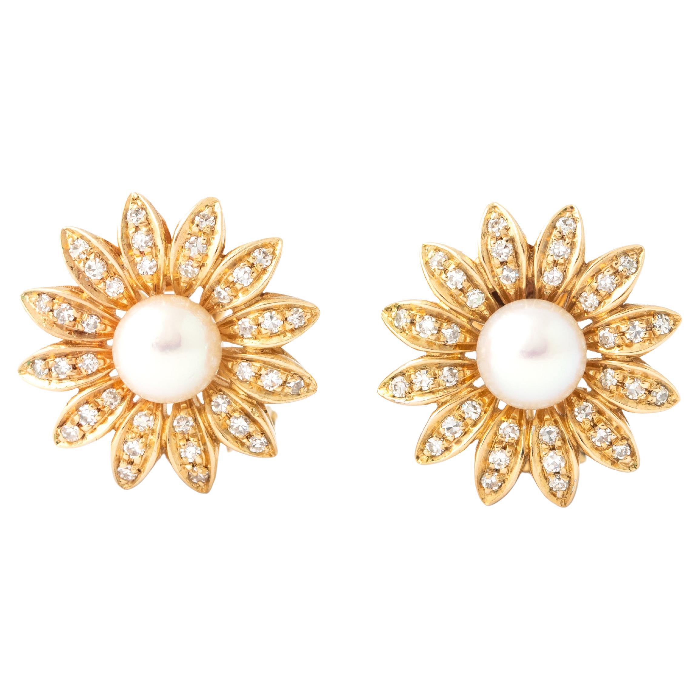 Pearl Diamond Yellow Gold 18K Earrings For Sale