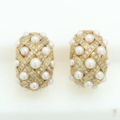 Pearl Diamond Yellow Gold Dome Earring Clips