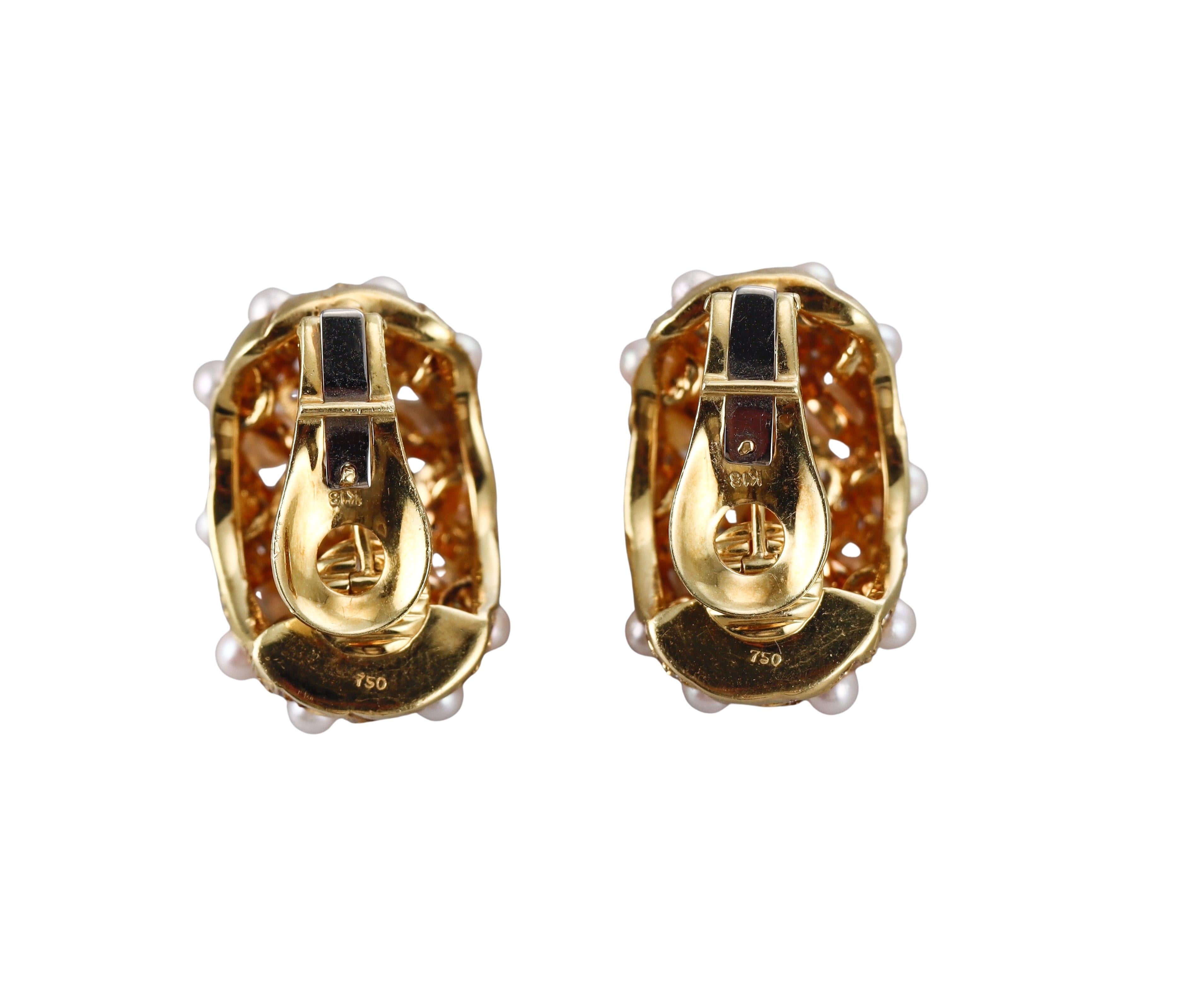 Round Cut Pearl Diamond Yellow Gold Domed Earrings For Sale