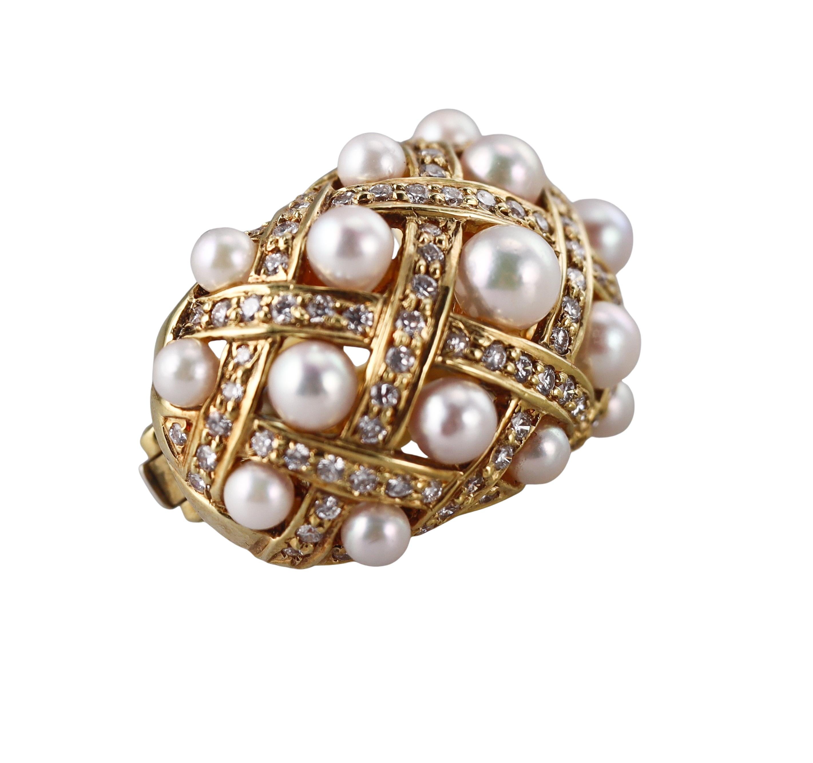 Women's Pearl Diamond Yellow Gold Domed Earrings For Sale