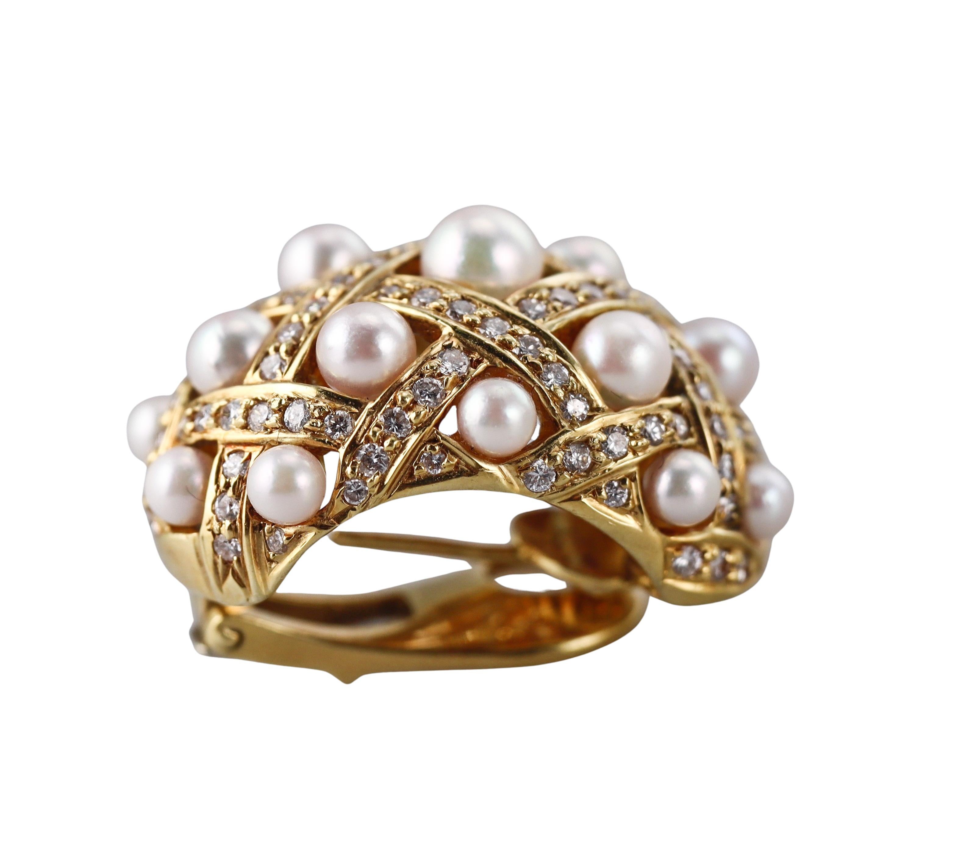 Pearl Diamond Yellow Gold Domed Earrings For Sale 1
