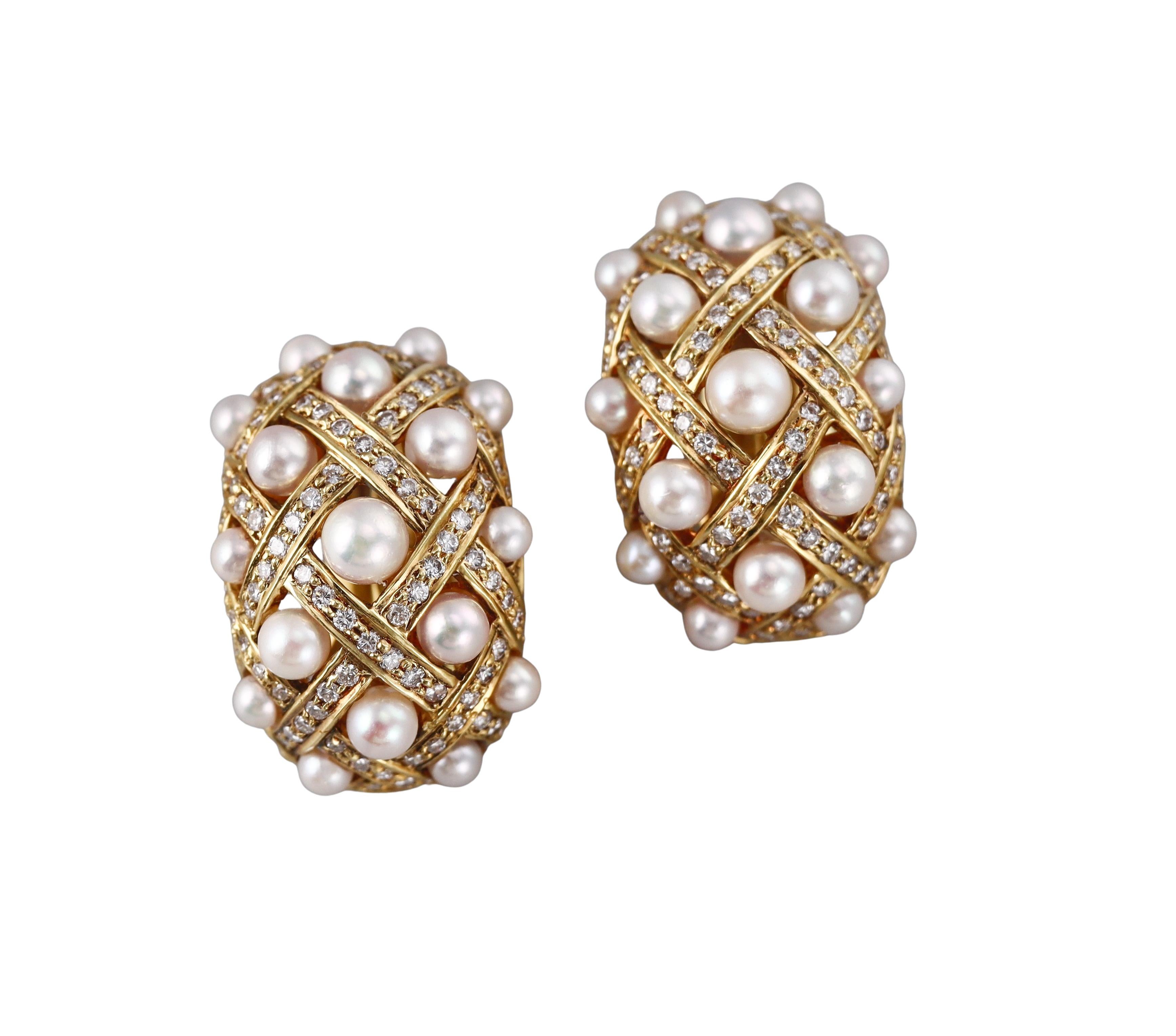 Pearl Diamond Yellow Gold Domed Earrings