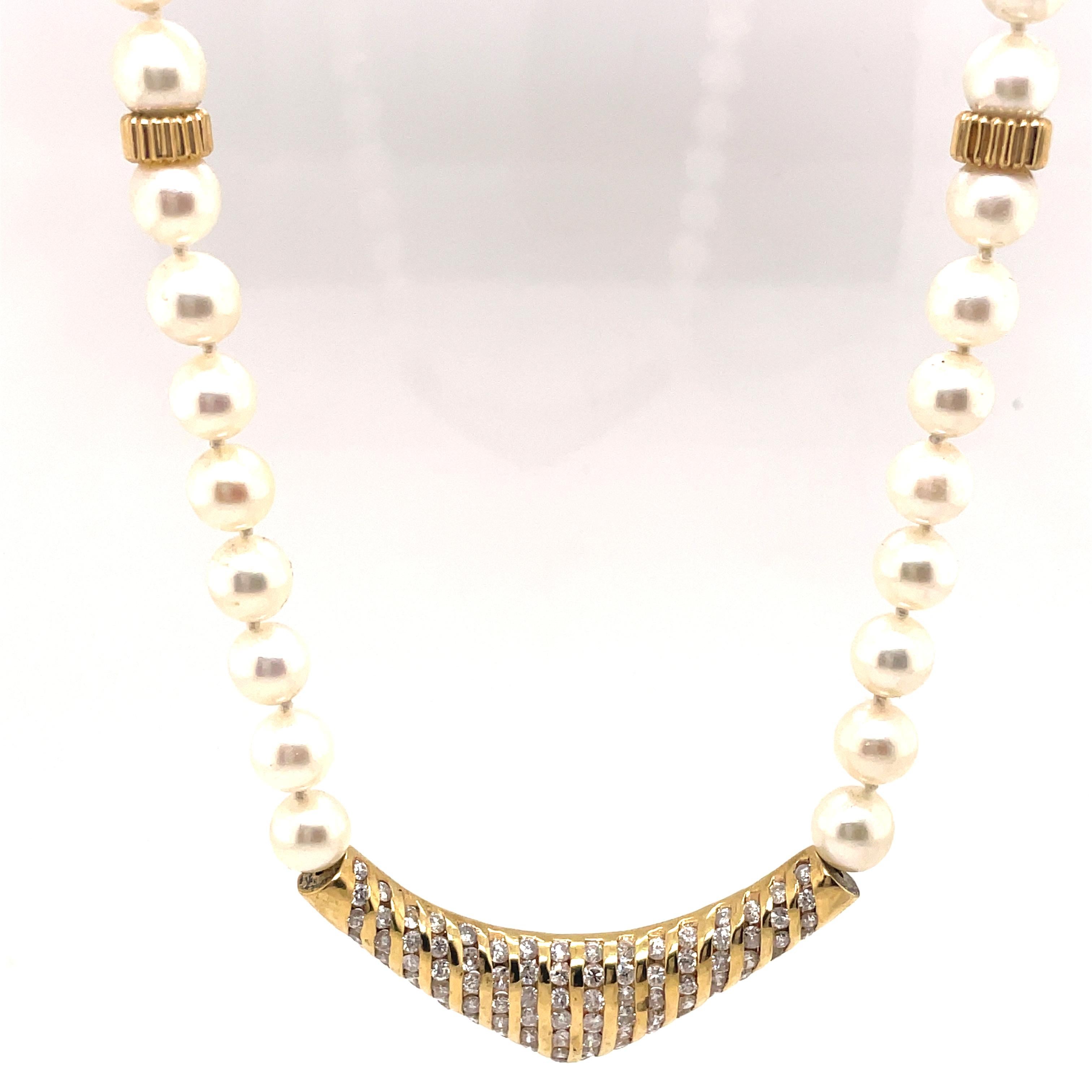 Contemporary Pearl Diamond & Yellow Gold Strand Necklace  For Sale