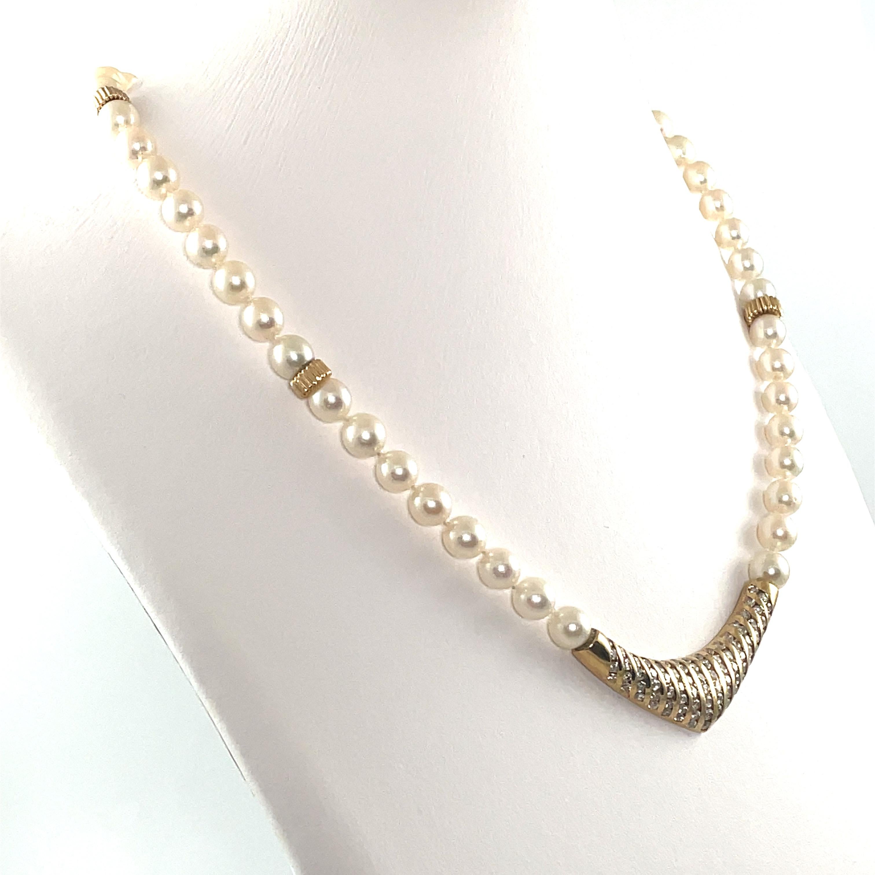 Bead Pearl Diamond & Yellow Gold Strand Necklace  For Sale