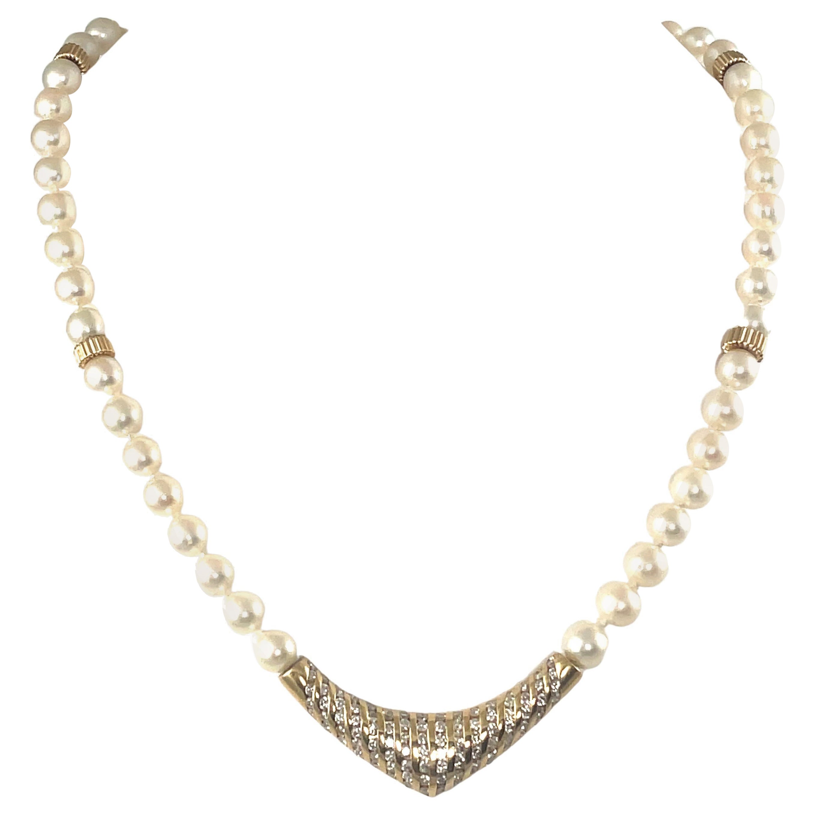 Perlen-Diamant- und Gelbgold-Strand-Halskette