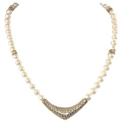 Perlen-Diamant- und Gelbgold-Strand-Halskette
