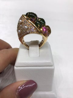 Pearl Diamond Yellow Sapphire Precious Tourmaline Incruster 18k Gold Scarab Ring