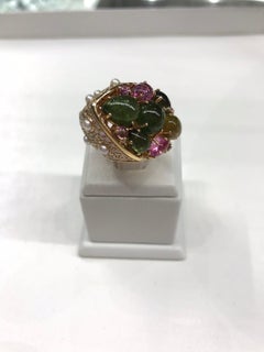 Pearl Diamond Yellow Sapphire Precious Tourmaline Incruster 18k Gold Scarab Ring