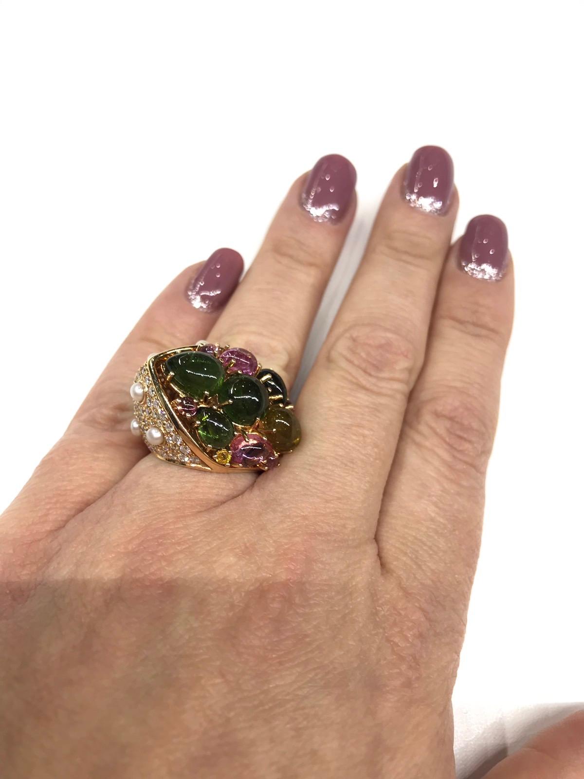 Pearl Diamond Yellow Sapphire Precious Tourmaline Incruster 18k Gold Scarab Ring In New Condition For Sale In Montreux, CH