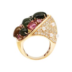 Pearl Diamond Yellow Sapphire Precious Tourmaline Incruster 18k Gold Scarab Ring