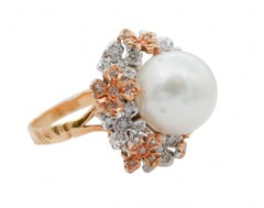 Pearl, Diamonds, 14 Karat White Gold and Rose Gold Cluster Ring
