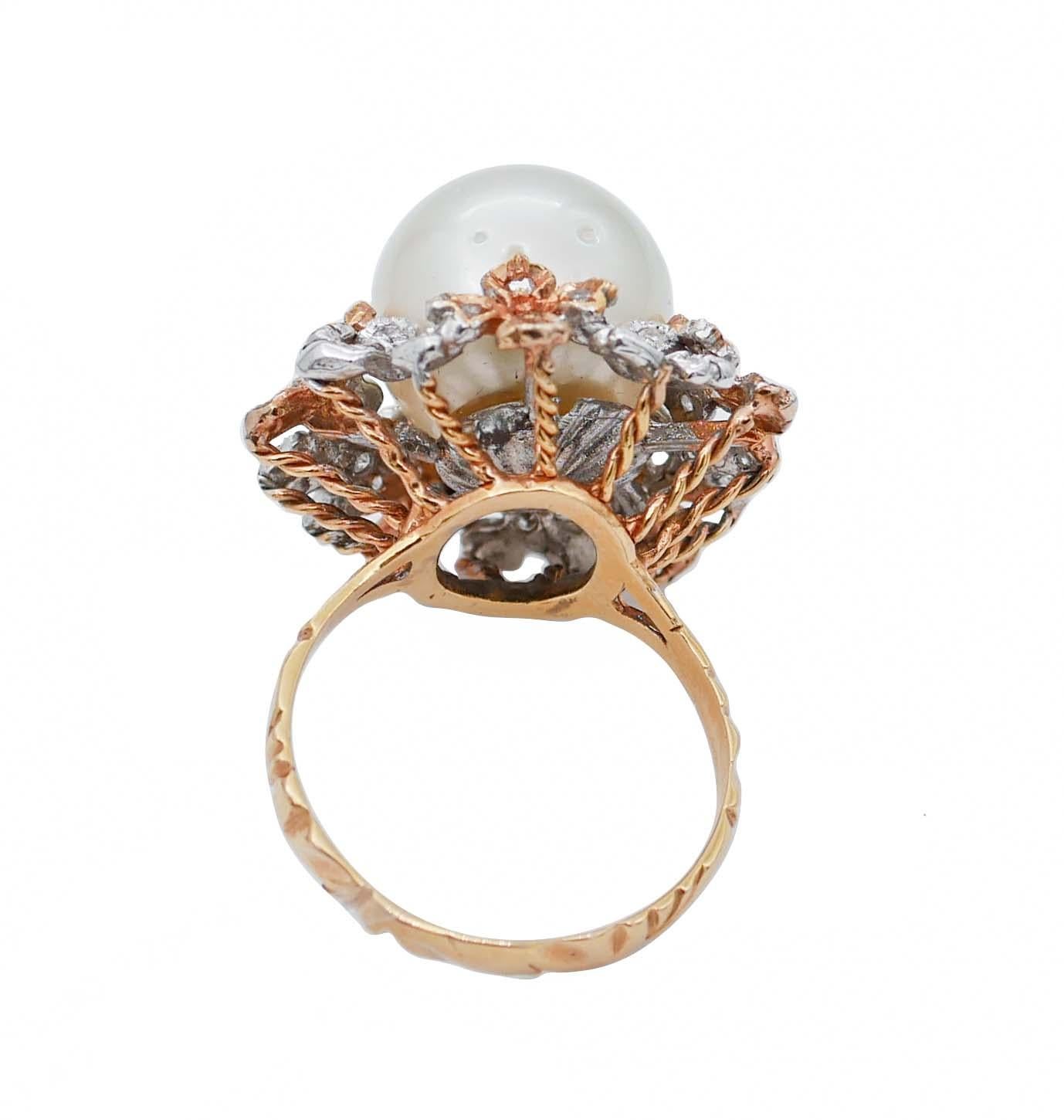 Retro Pearl, Diamonds, 14 Karat White Gold and Rose Gold Cluster Ring For Sale