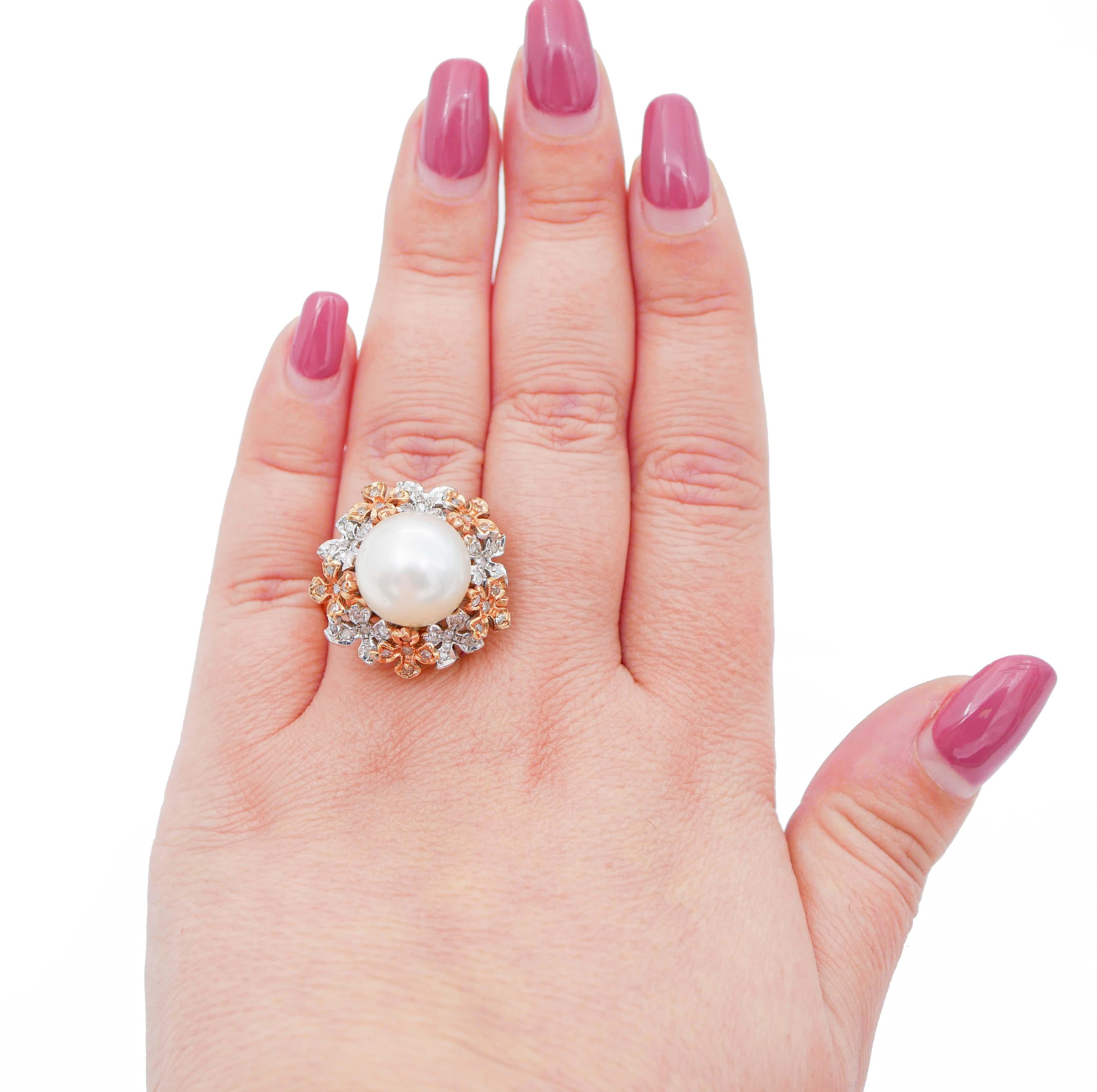 Mixed Cut Pearl, Diamonds, 14 Karat White Gold and Rose Gold Cluster Ring For Sale
