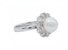 Pearl, Diamonds, 14 Karat White Gold Ring