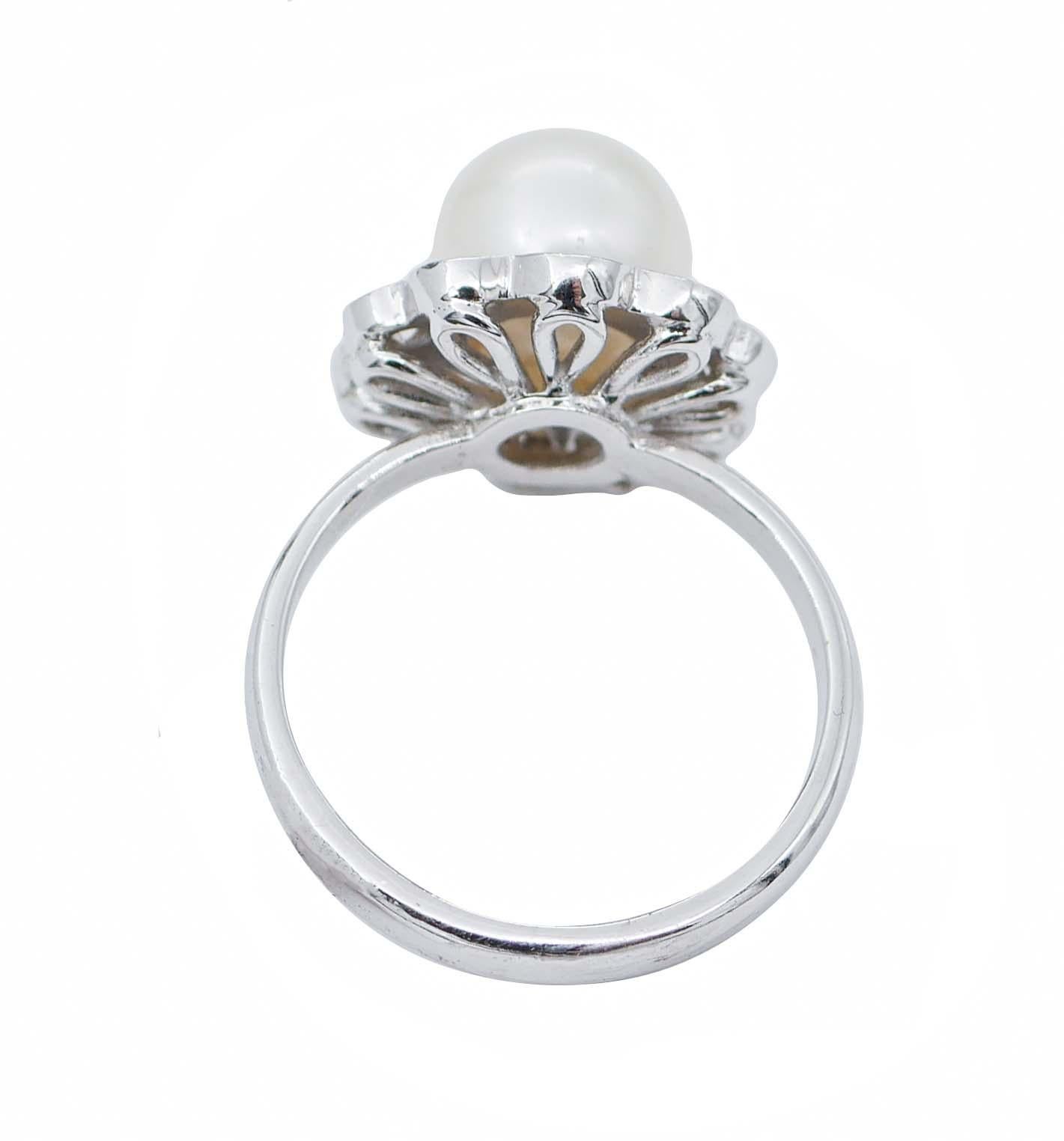 Retro Pearl, Diamonds, 14 Karat White Gold Ring For Sale