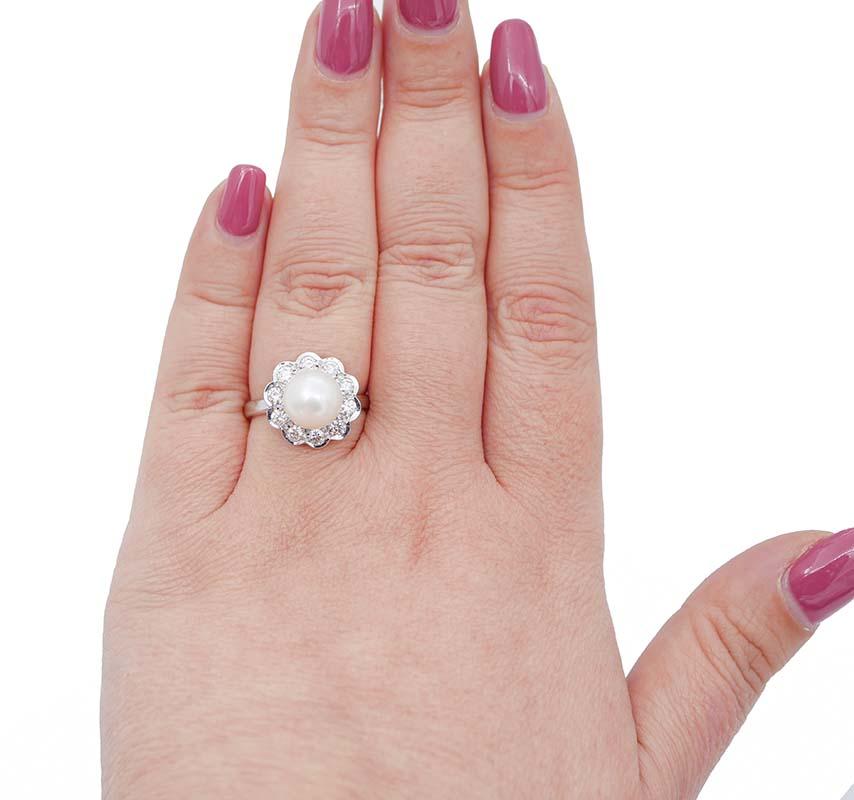 Mixed Cut Pearl, Diamonds, 14 Karat White Gold Ring For Sale