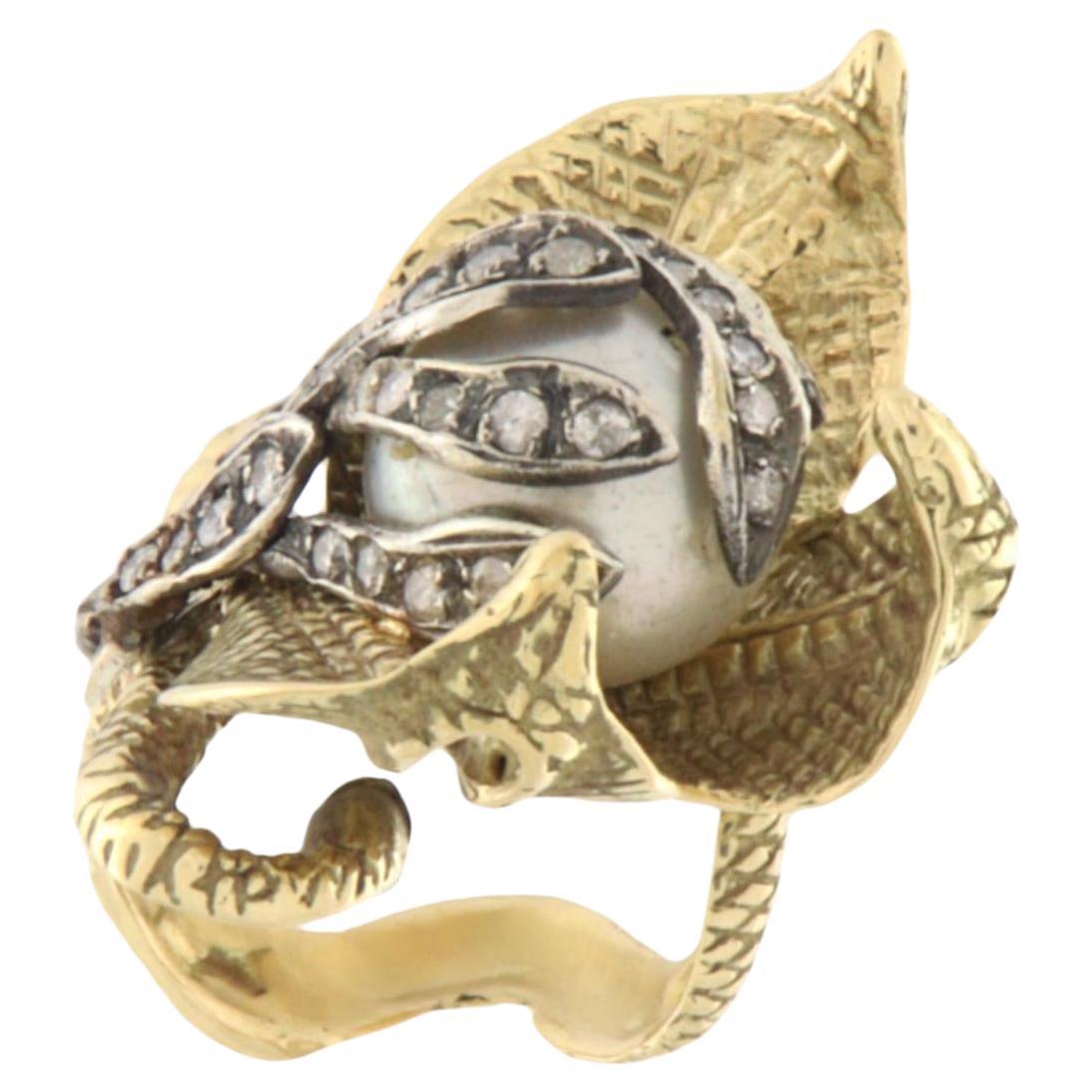Perlen-Diamanten 14 Karat Gelbgold Cocktail Ring