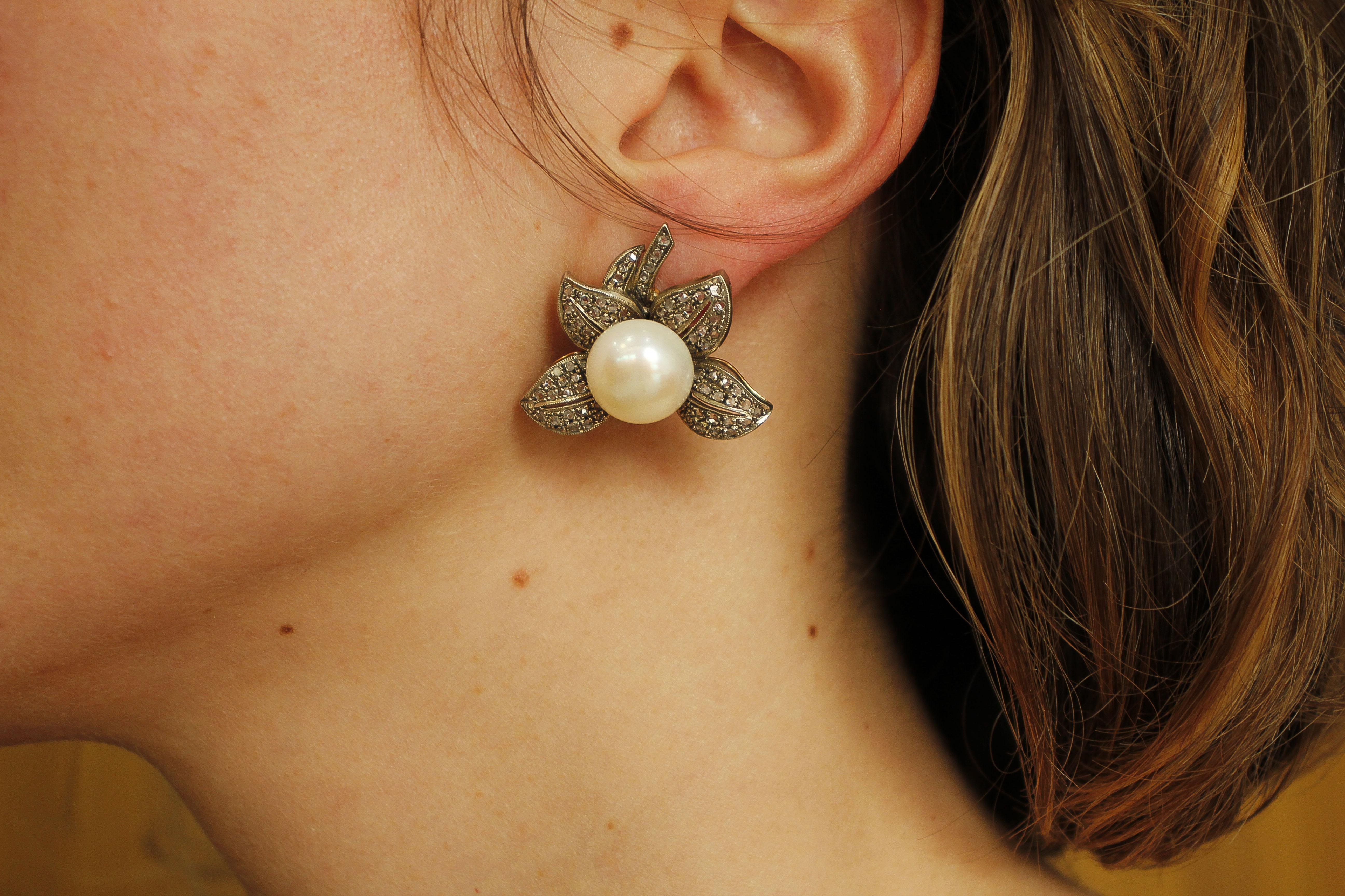 Pearl, Diamonds, 14 Karat Yellow Gold and Silver Earrings 2