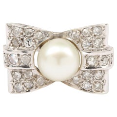 Retro Pearl Diamonds 18 Carat White Gold Tank Ring