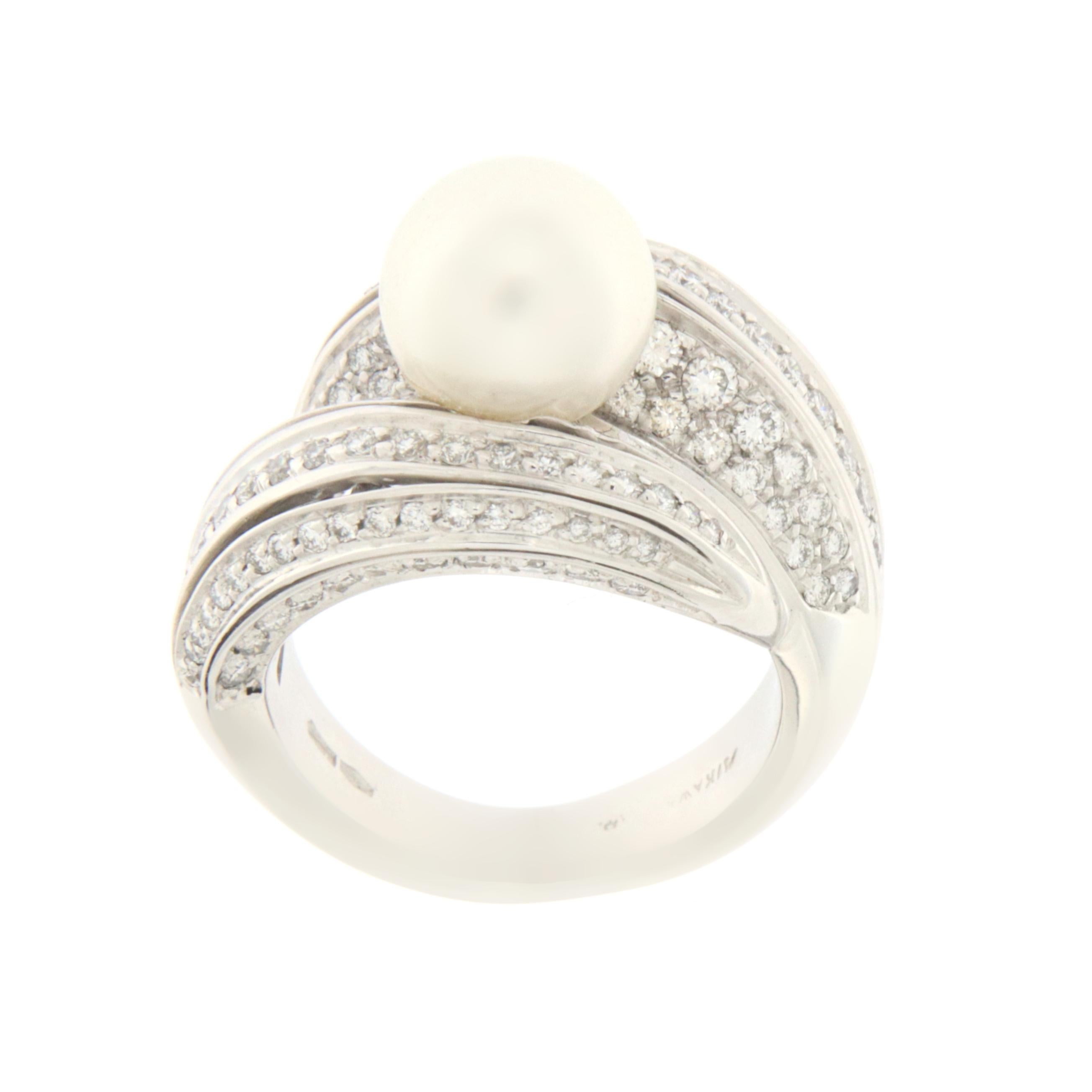 Artisan Pearl Diamonds 18 Karat White Gold Band Ring For Sale
