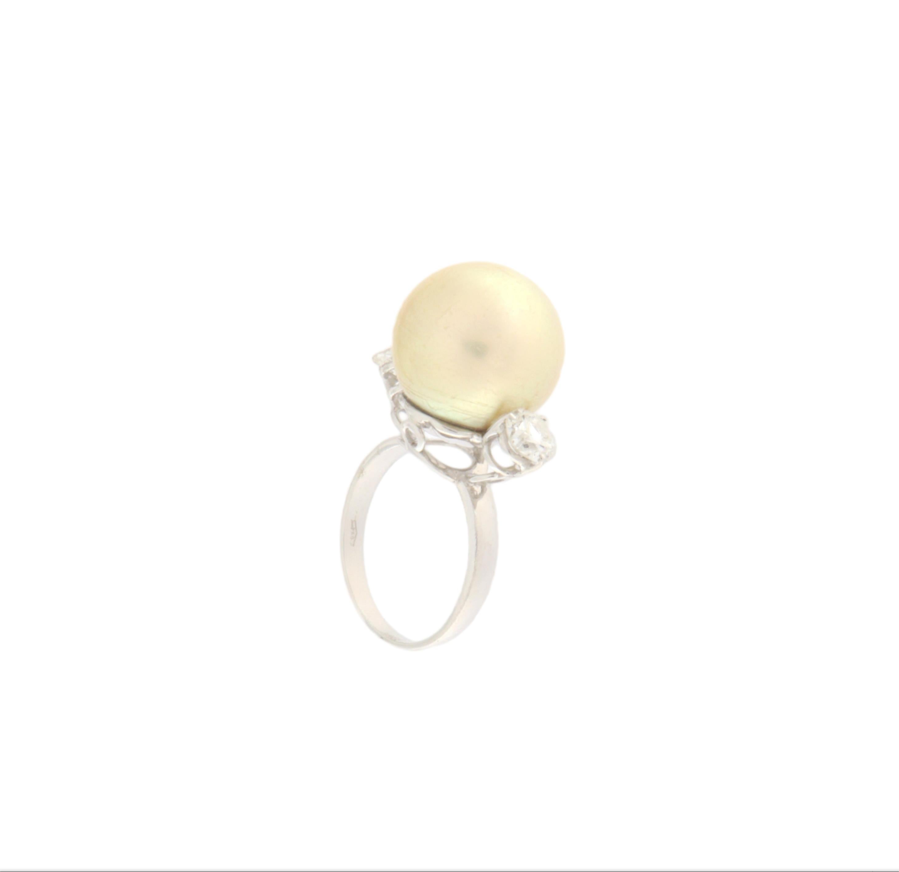 Artisan Pearl Diamonds 18 Karat White Gold Cocktail Ring For Sale